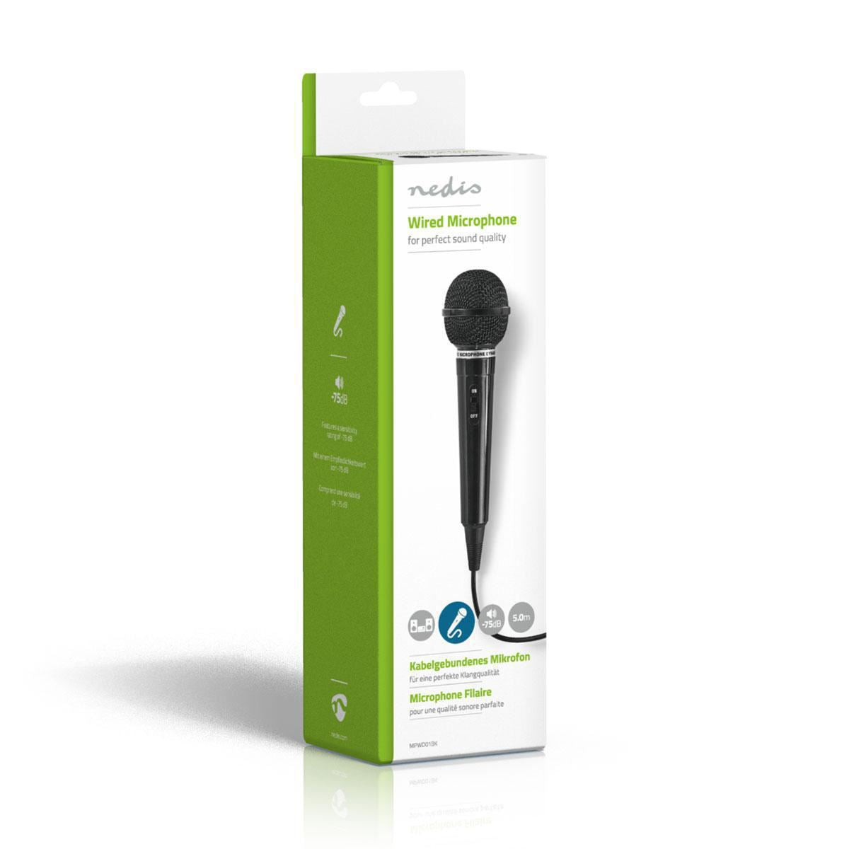 Nedis Uni-Directional Wired 6.5mmm Dynamic Microphone, On/Off, sensitivity 72dB +/- 3dB, 80Hz-13kHz, Wired 5m - ABS Black