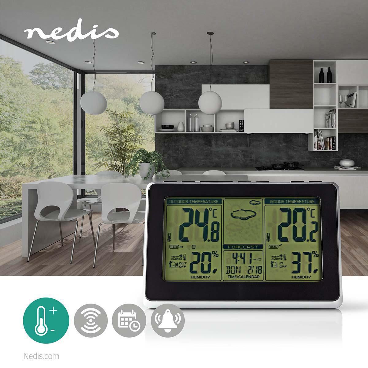 Nedis Weather Station | Indoor & Outdoor | Including wireless weather sensor | Weather forecast | Time display | LCD Display | Alarm clock function