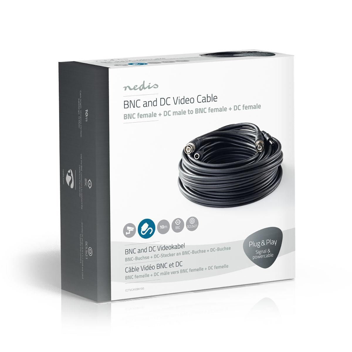 Nedis CCTV 10m Combination Installation Security Cable| BNC / DC Connections|Male to Female Dual Run|Round | PVC | Black