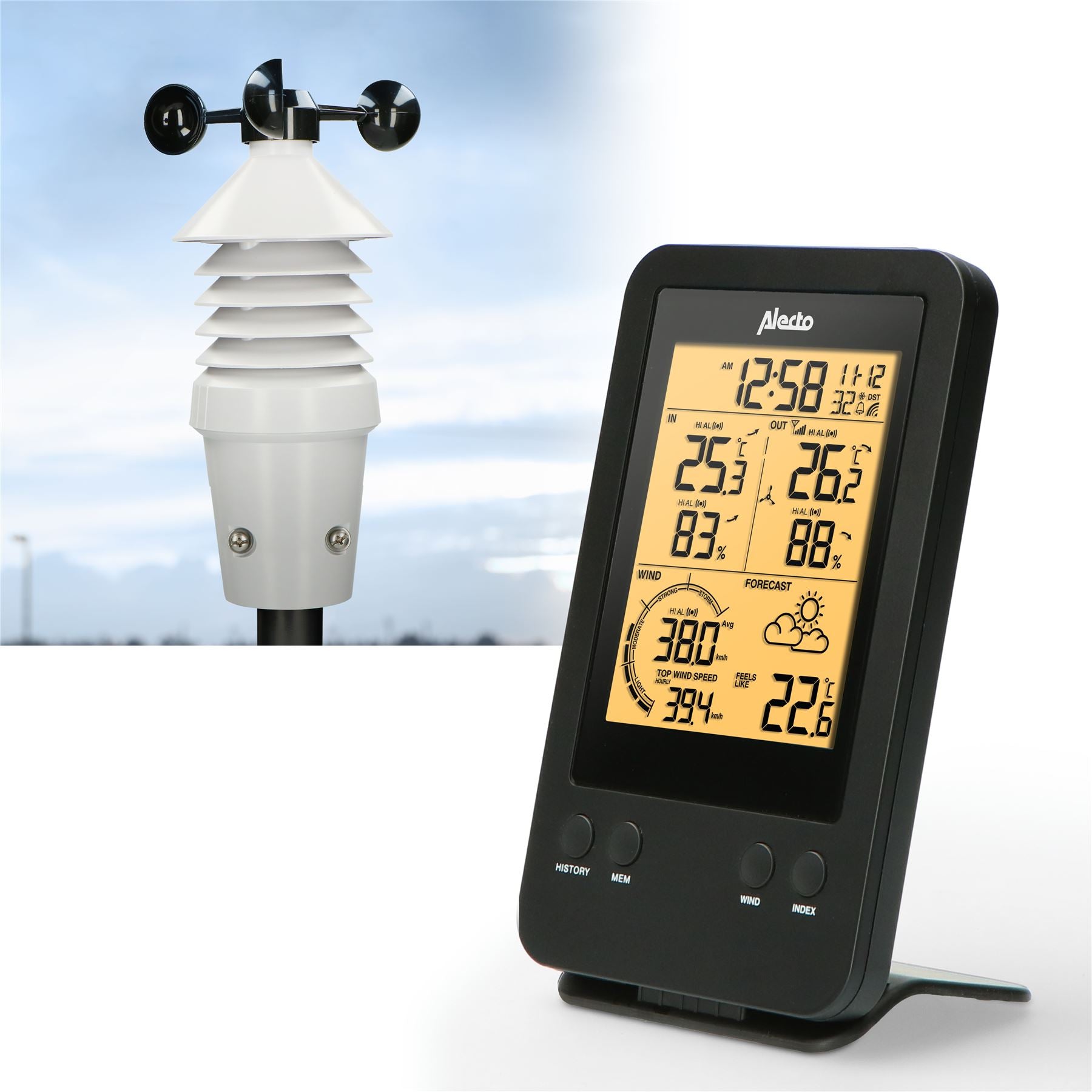 Alecto Weather Station Indoor and Outdoor Temperature, Forcast, Wind, Humidity & More with Outside Wireless sensor | Black