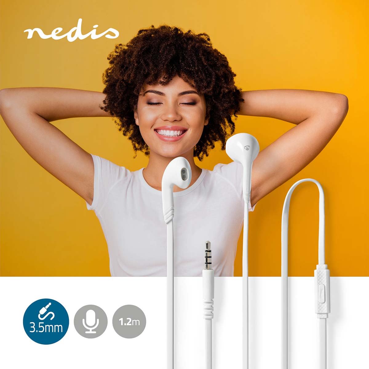Nedis Wired In-Ear Headphones, 13mm Drivers for Enhanced Sound Balance & Clear Audio Quality, Built-In Microphone for Hands-Free Calling, 1.2m Flat Cable with 3.5mm Plug