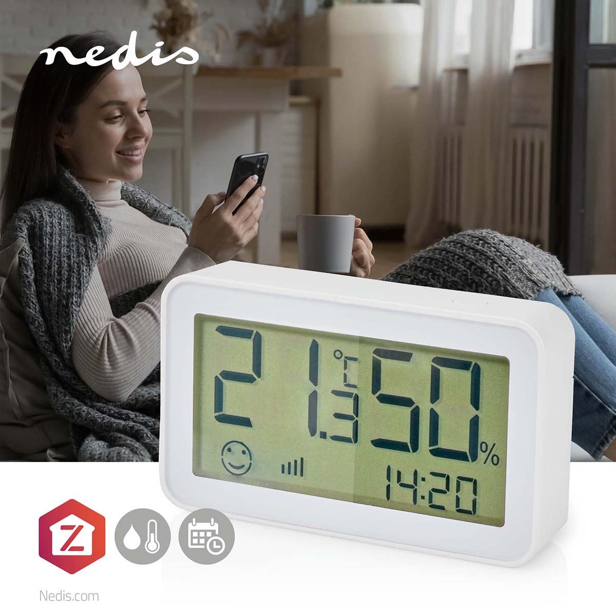 Nedis SmartLife Climate Sensor, Measures Room Temperature (-10 to 50oC) & Humidity (0-95%), Live Display, Battery Powered, Zigbee 3.0, Compatible with Nedis SmartLife App - White