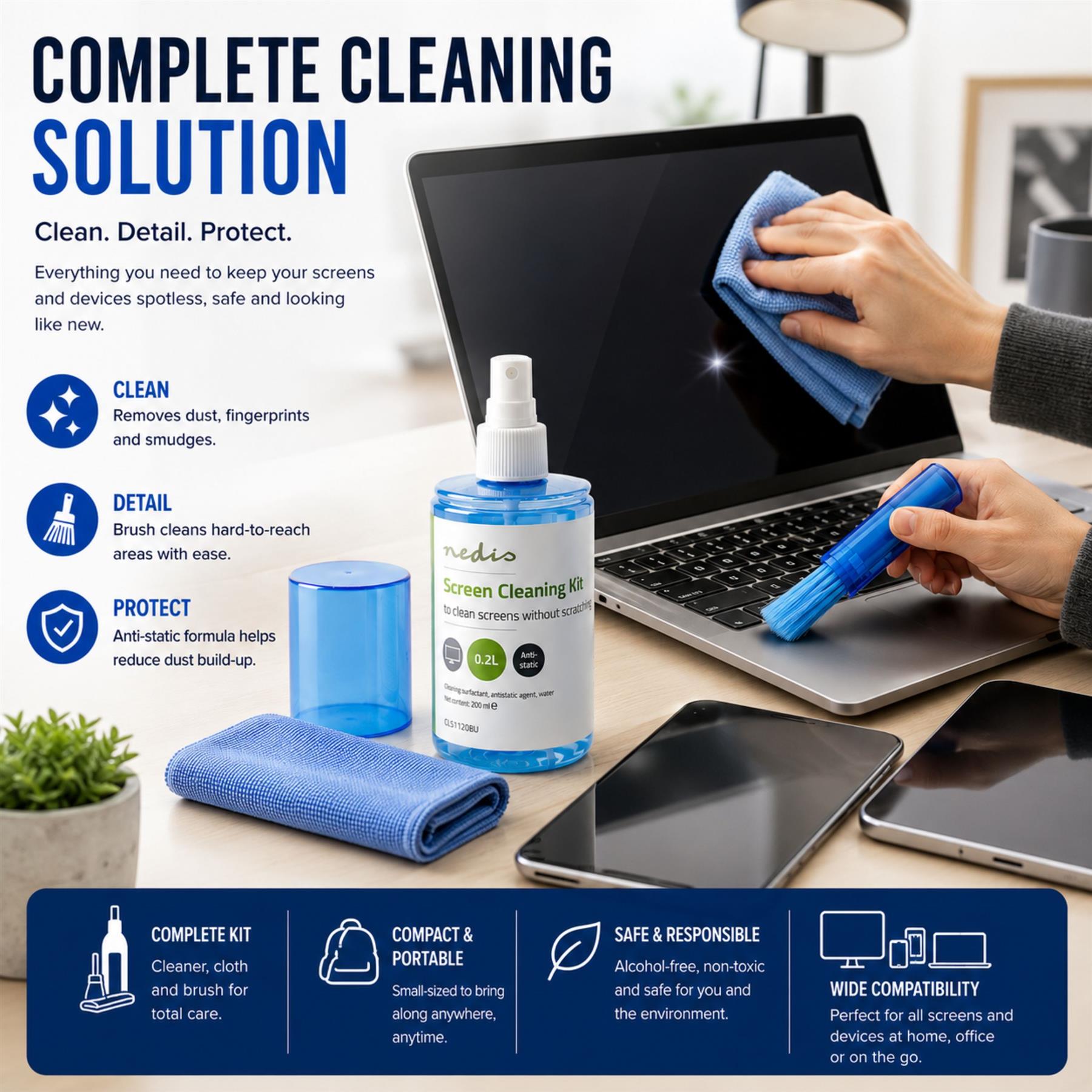 Nedis Screen Cleaner Kit for TV, PC, Smartphone & Tablet, 200 ml Spray, Brush & Pearl Cloth