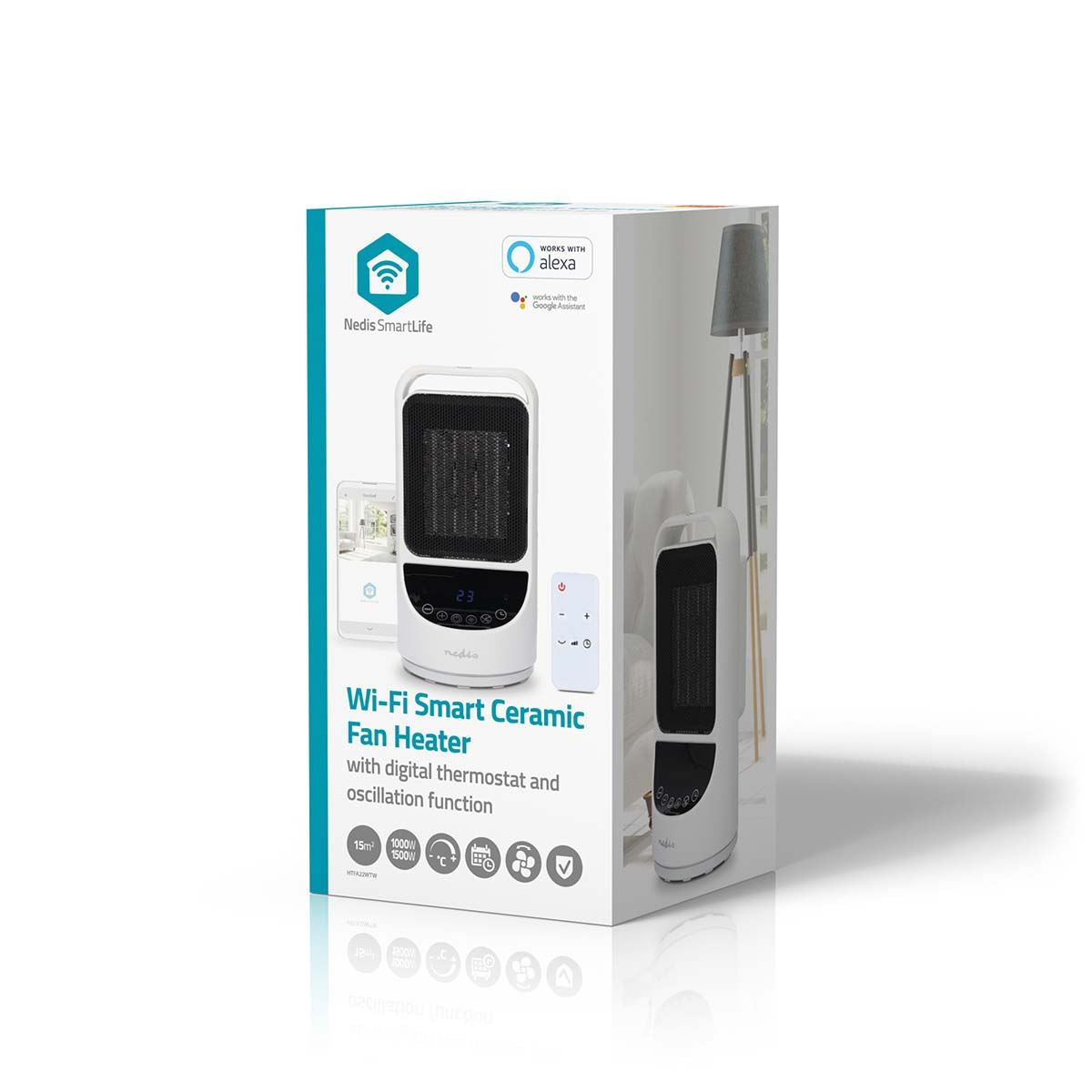 Nedis SmartLife Ceramic PTC Fan Heater | Wi-Fi | 1500 W | 2 Heat Settings | Oscillation | Display | 10 - 49 °C | Android™ / IOS | White