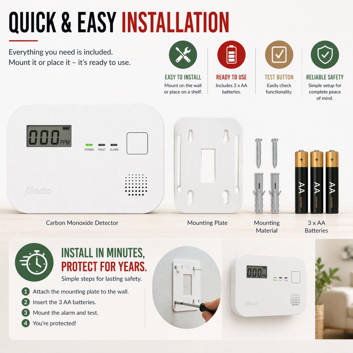 Alecto COA3910 Carbon monoxide Alarm with 10 year Sensor Runtime & LCD Display | EN50291-1:20180 | White