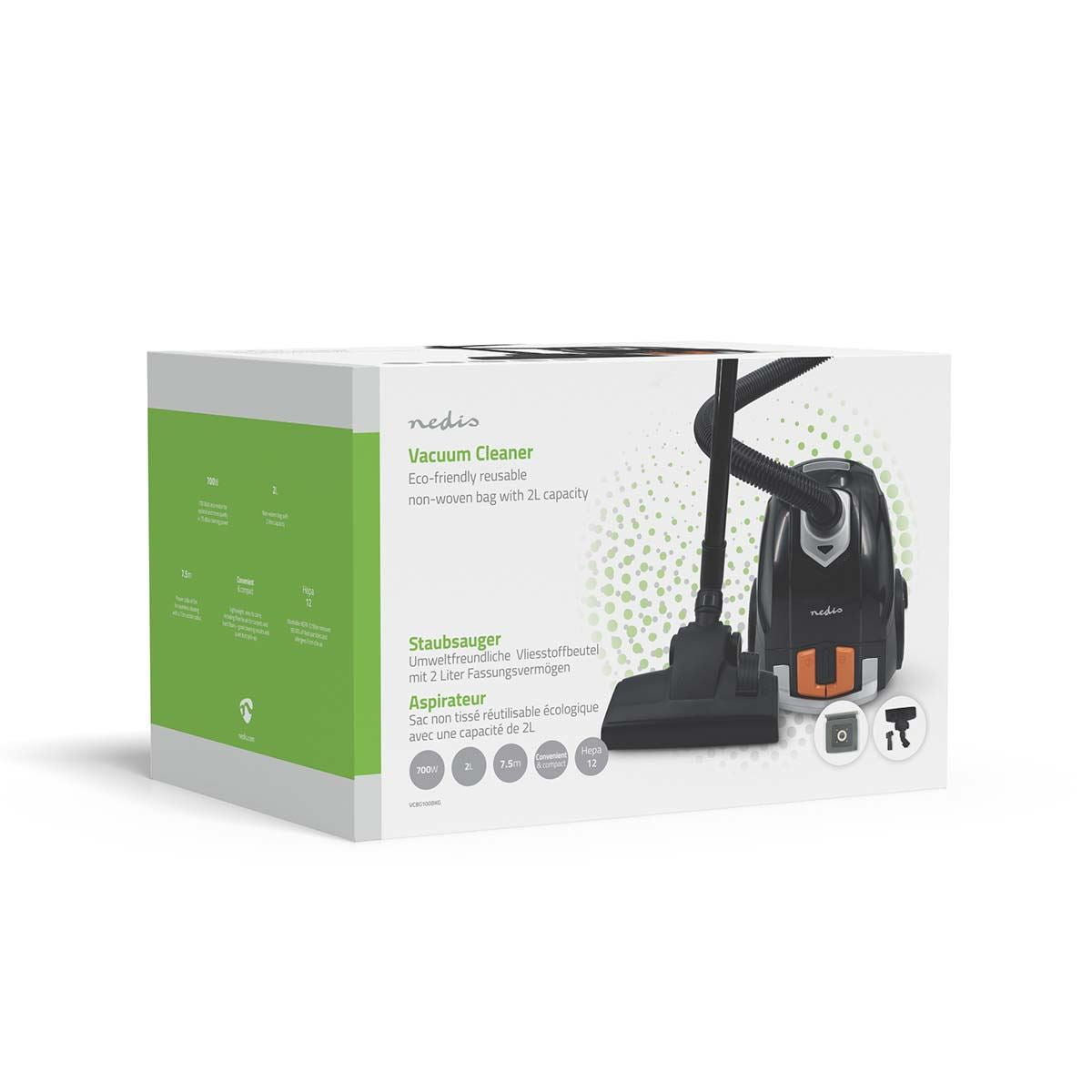 Nedis Vacuum Cleaner | With Bag | 700 W | Dust capacity: 2.0 l | Combi Brush | Action radius: 7.50 m | Hepa 12 | Black / Orange