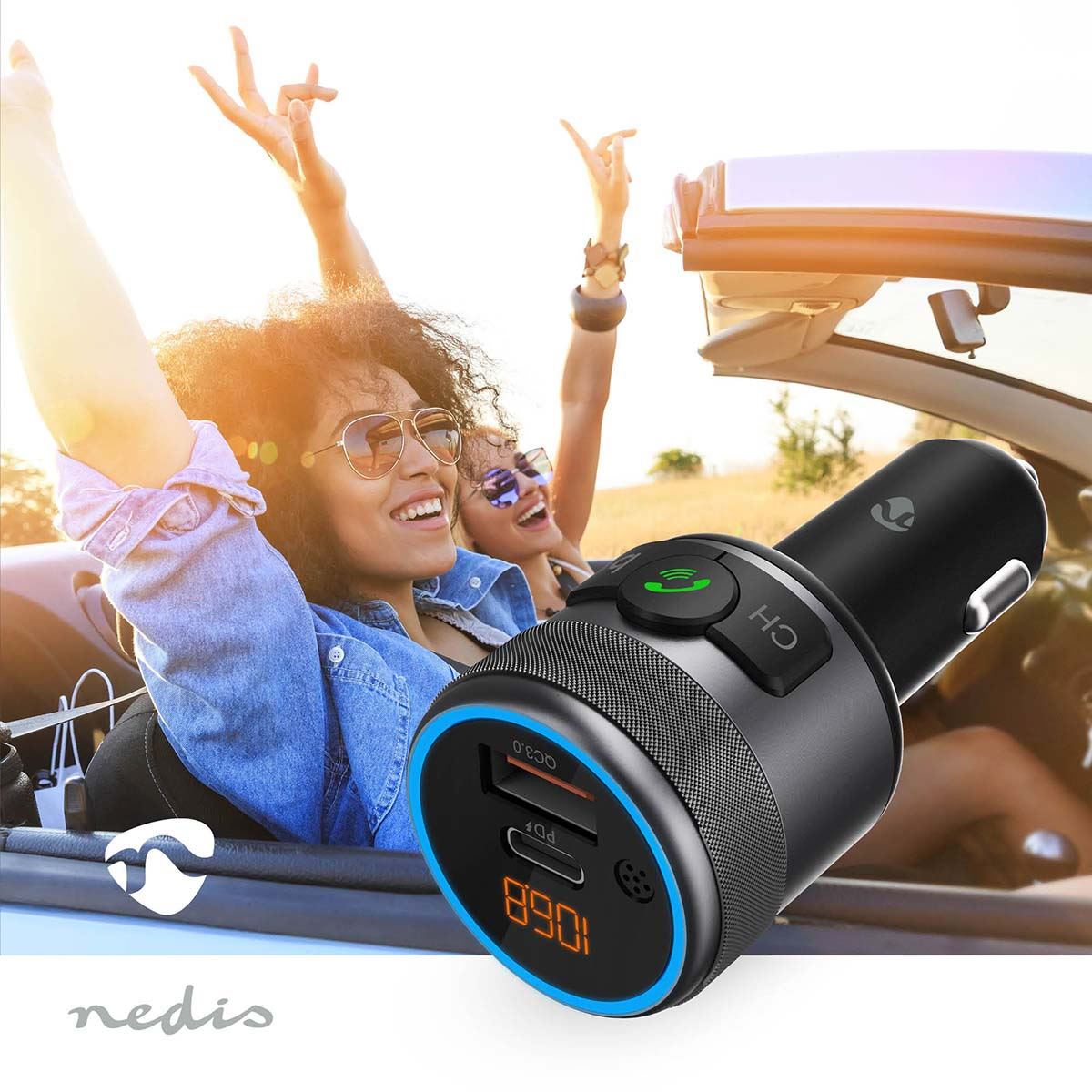 Nedis Car FM Transmitter Hands free| 1 " Screen Bluetooth®  USB-C PD 18 W / PD 24 W Fast charger