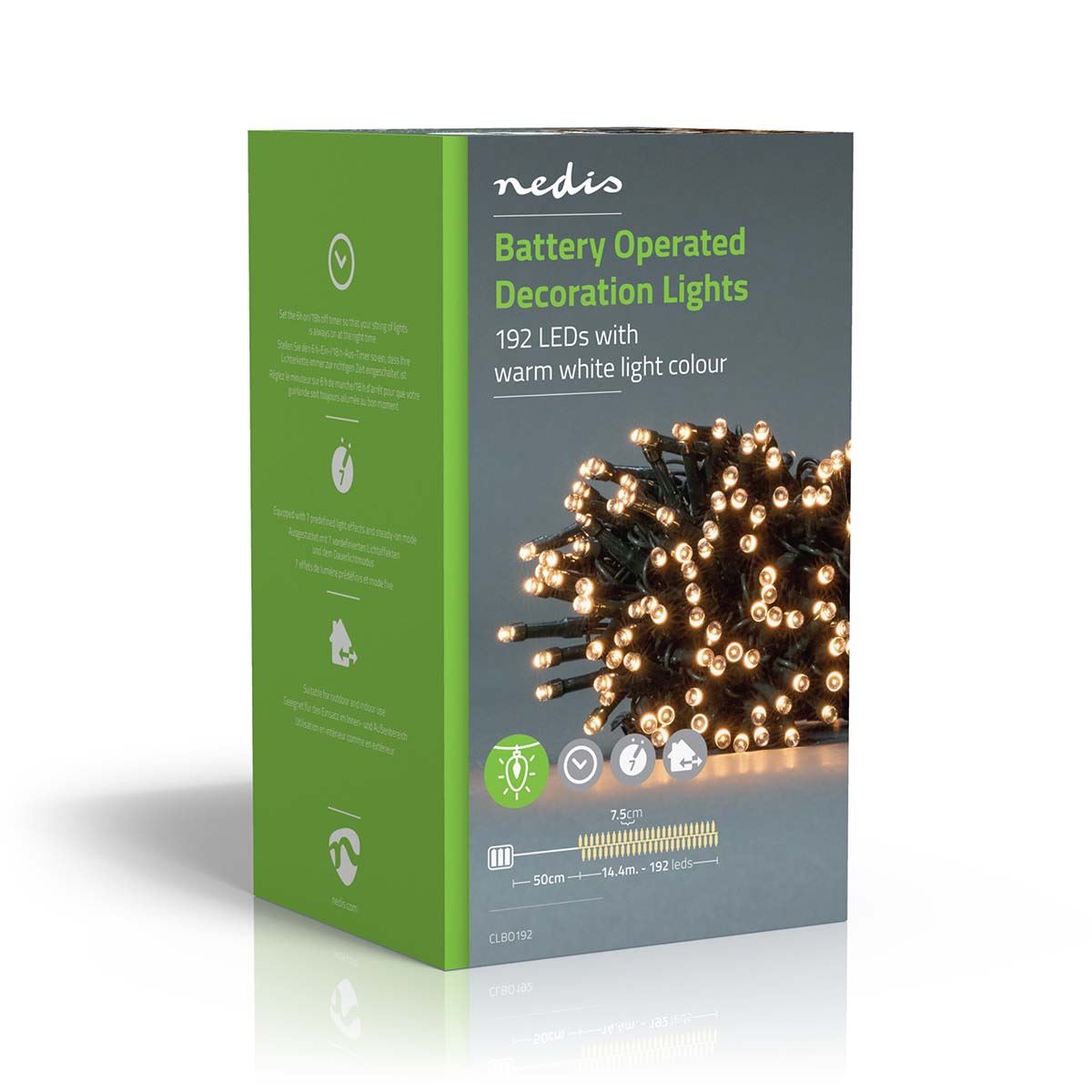 Nedis Christmas Lights | String | 192 LED's | Warm White | 14.40 m | Light effects: 7 | Indoor & Outdoor | Battery Powered