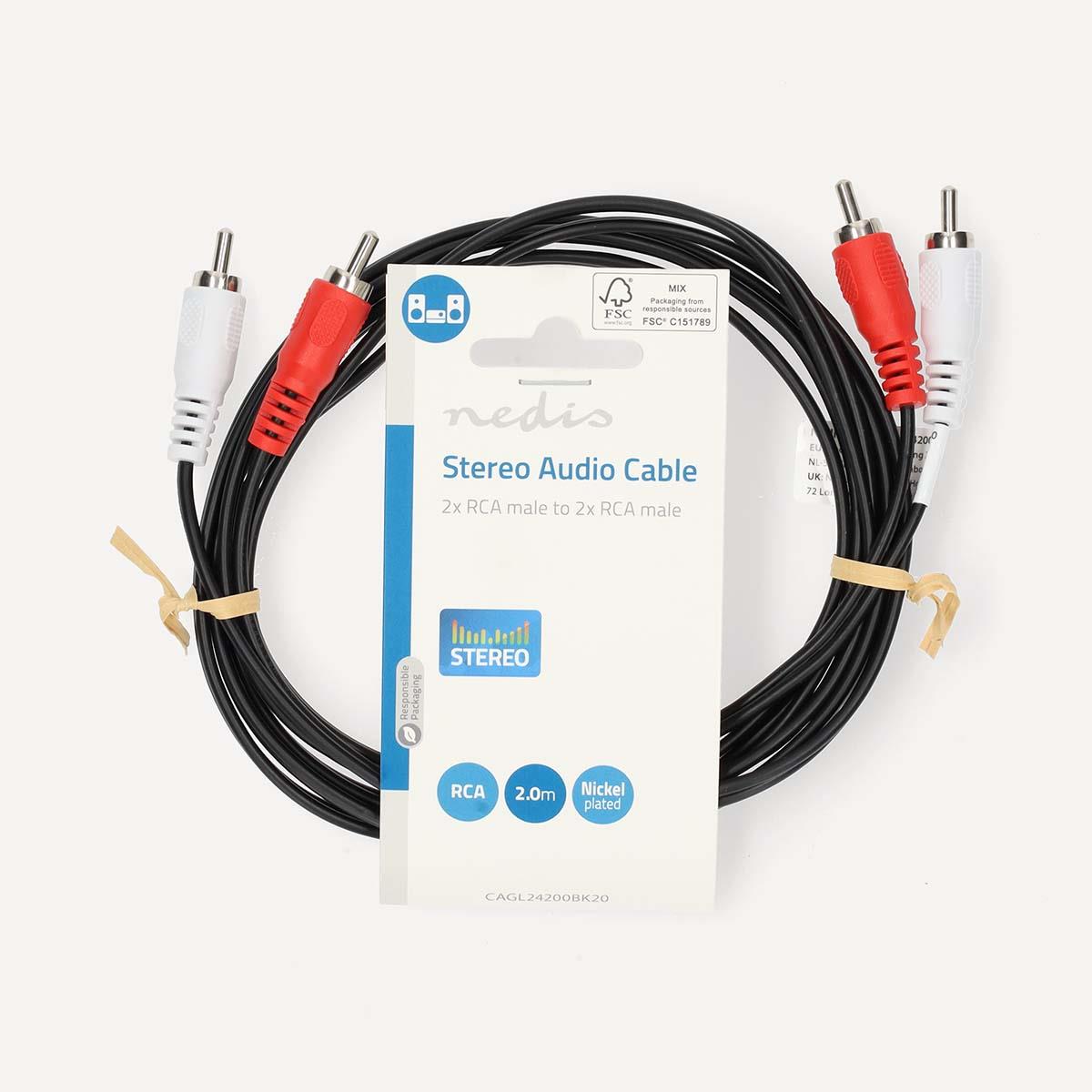 Nedis Stereo Audio Cable | 2x RCA Male | 2x RCA Male | Nickel Plated | 2.00 m | Round | Black | Label