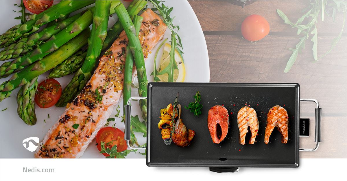Nedis Electric Non Stick Teppanyaki Table Top Grill Griddle Plate BBQ with Drip Tray - 47.5cm x 26.5cm