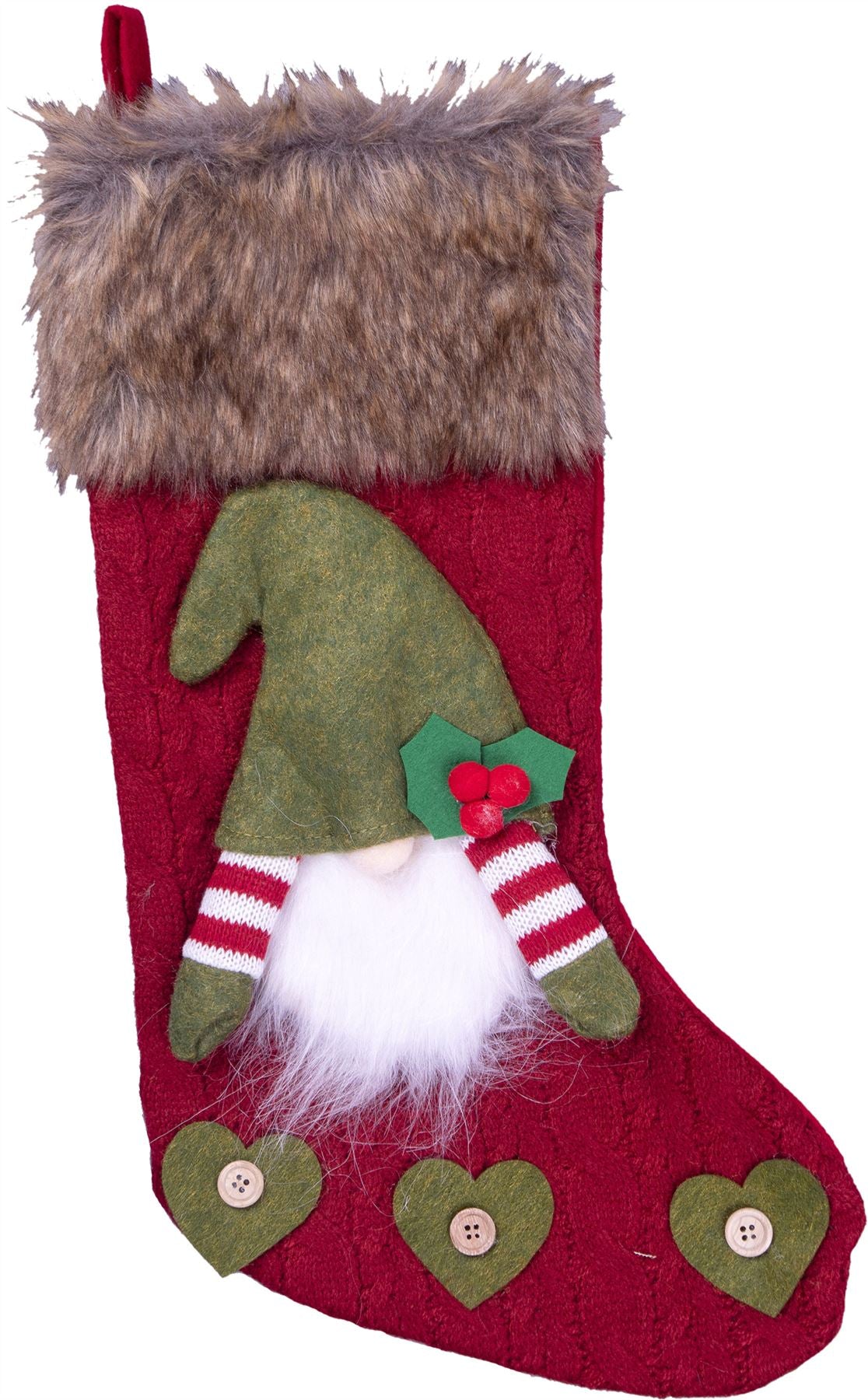 Luxury Gonk Design Christmas Fur Lined Knitted Stocking for Xmas Eve - Red