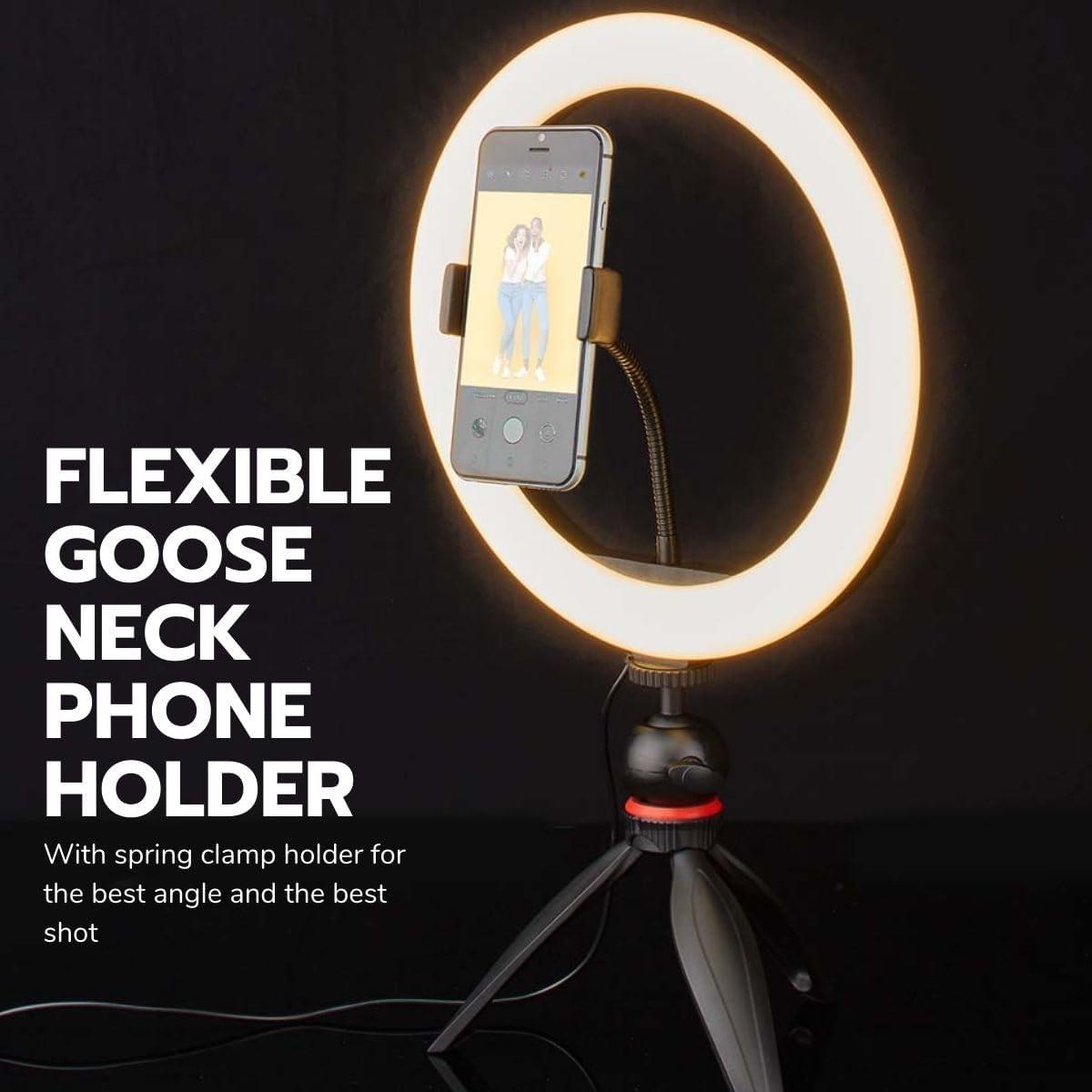 Nedis Ring Light, 10" LED Ring Lamp with 120 LEDs on Tripod Stand, USB Powered, with Flexible Phone Holder, 10 Light Modes