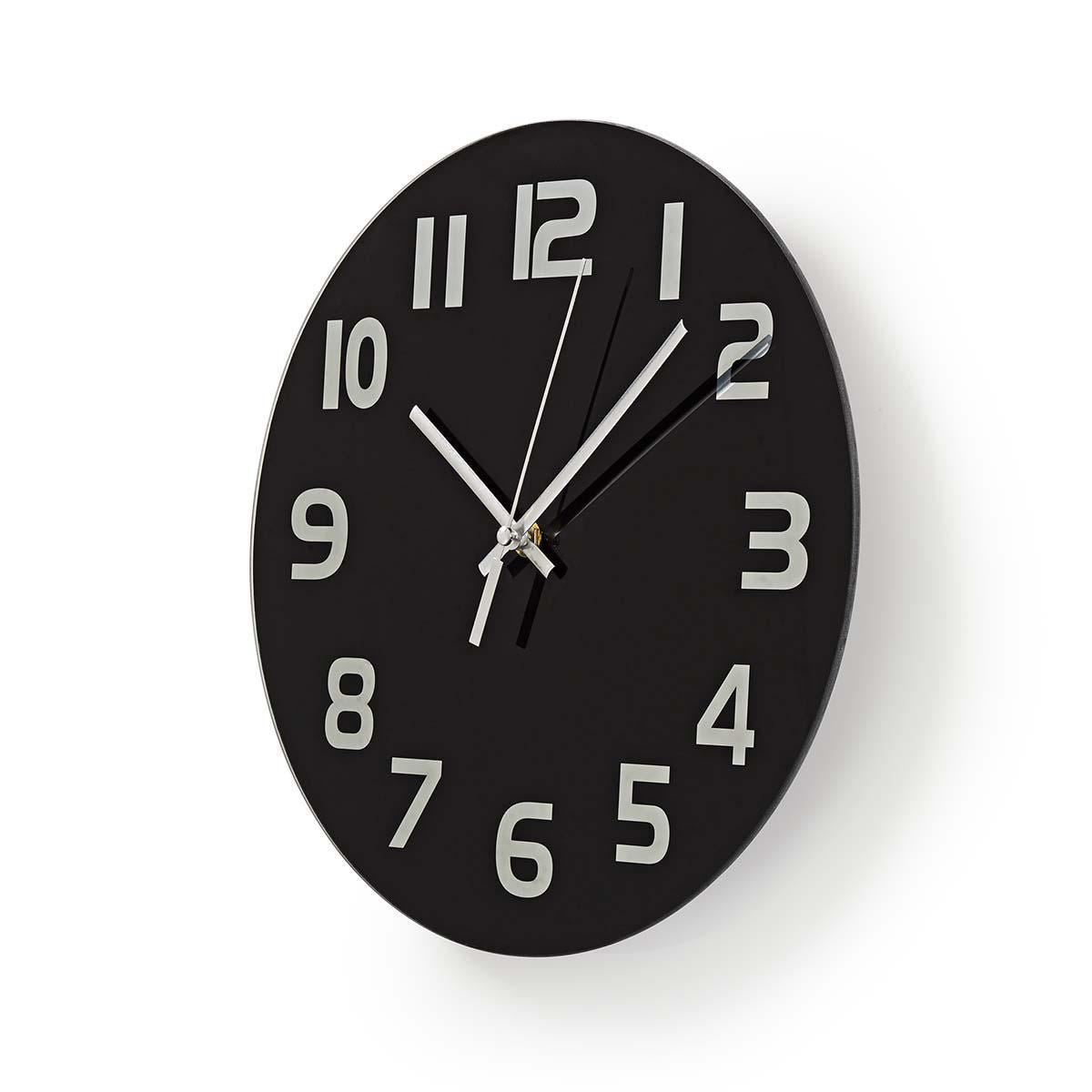 Nedis 30cm Wall Clock with Easy Read Numbers, Battery Powered - Glass Black
