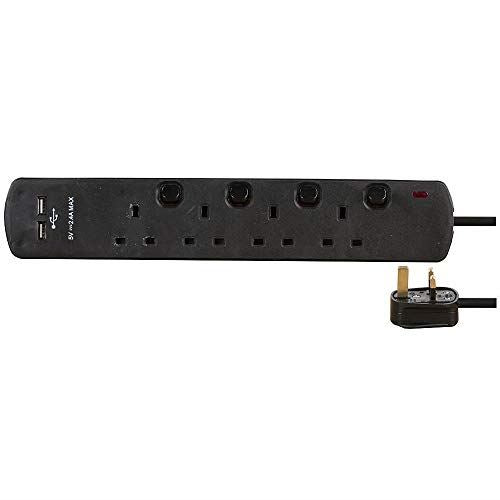 4 Gang 2m Mains Extension Lead Socket Individually Switched 13A with USB Ports - Black