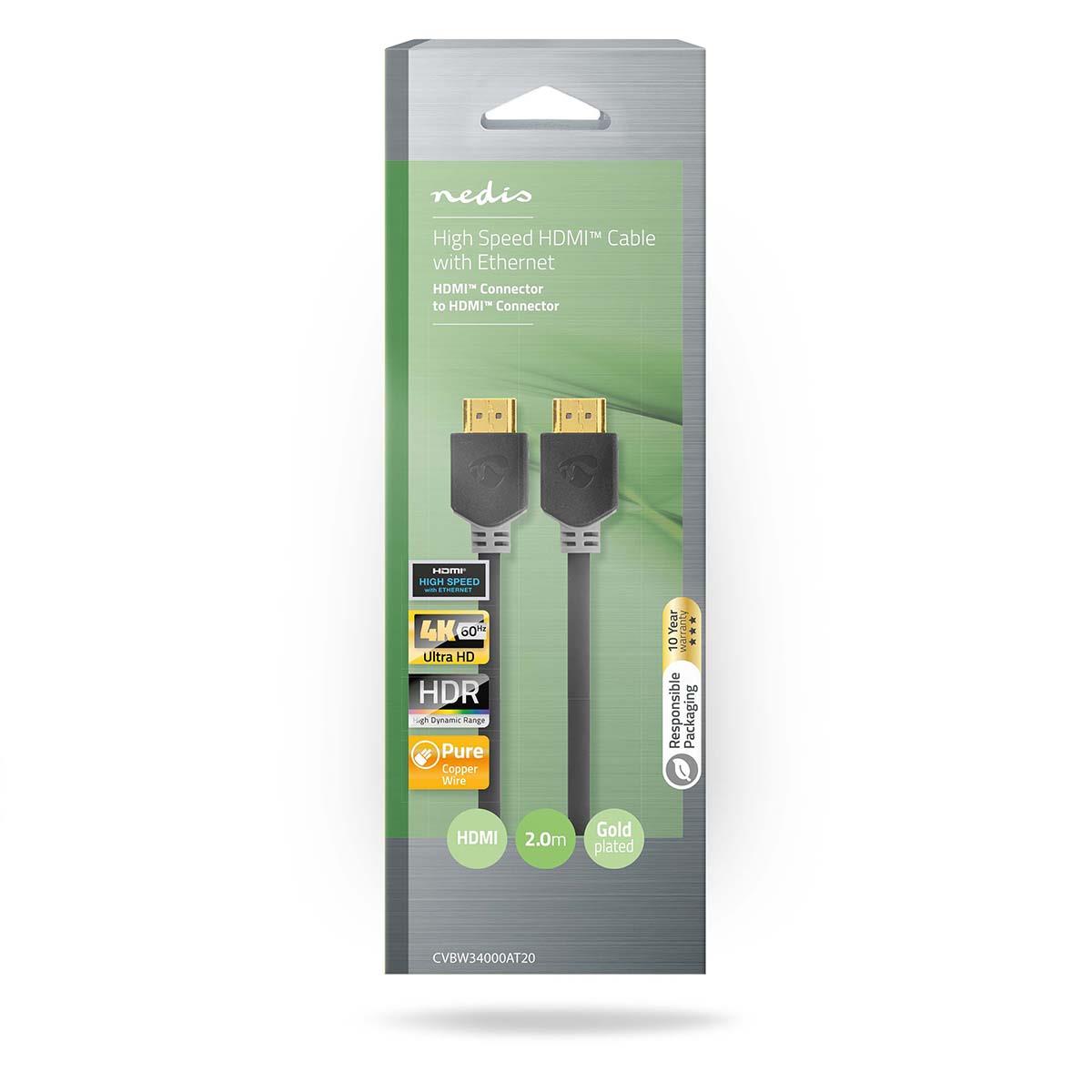 Nedis High Speed HDMI™ Cable with Ethernet | HDMI™ Connector | HDMI™ Connector | 4K@60Hz | ARC | 18 Gbps | 2.00 m | Round | PVC | Anthracite | Box