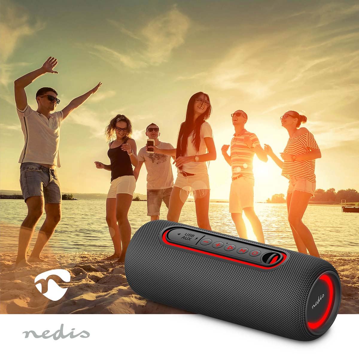 Nedis Bluetooth Speaker, Portable 30W with TWS, RGB Lights & Mic, Compact Handheld Design, 4-Hr Playback, USB-C, IPX5 Water Resistant - Black