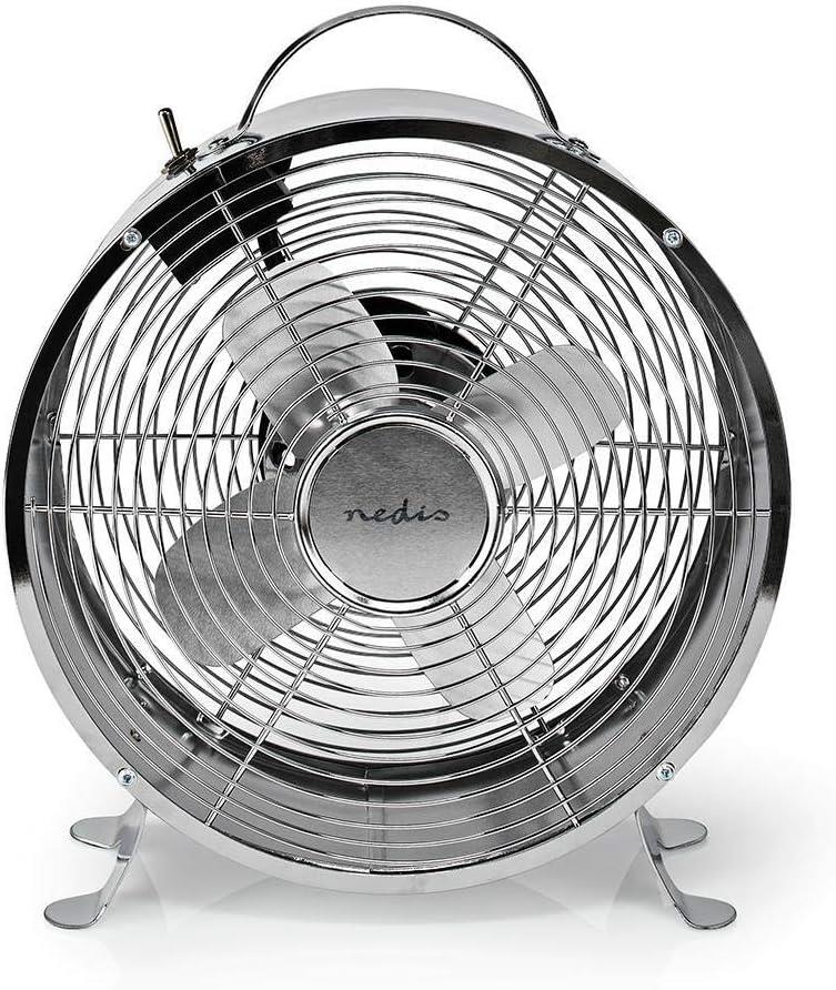 Nedis Retro Desk Fan 9-inch cm, 2-Speed Vintage Air Cooler 25 cm with Carrying Handle, Chrome