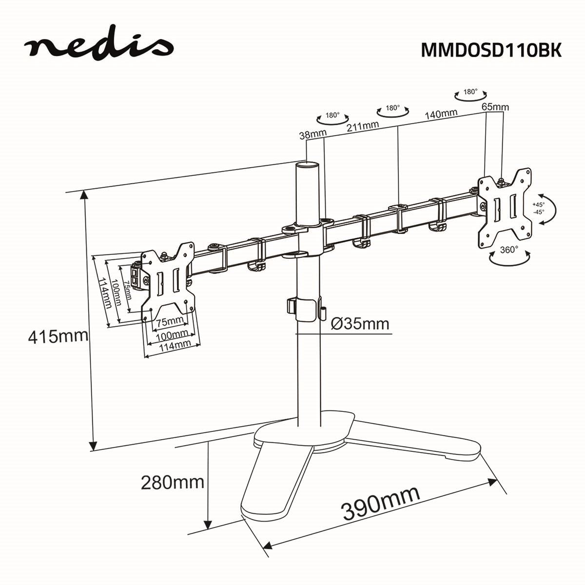 Nedis Desk Monitor Mount | 2 Screens | 15 - 32 " | 75x75 / 100x100 | Full Motion