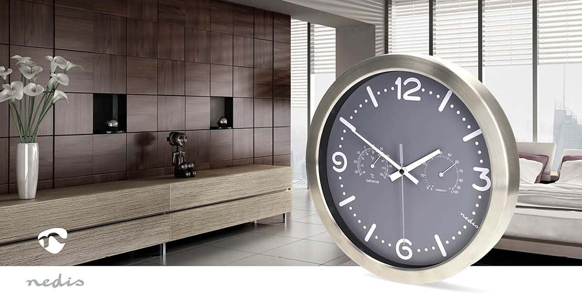 Nedis 30cm Wall Clock with Easy Read Numbers, Silent Movement, Thermometer, Hygrometer, Battery Powered - Aluminium Silver