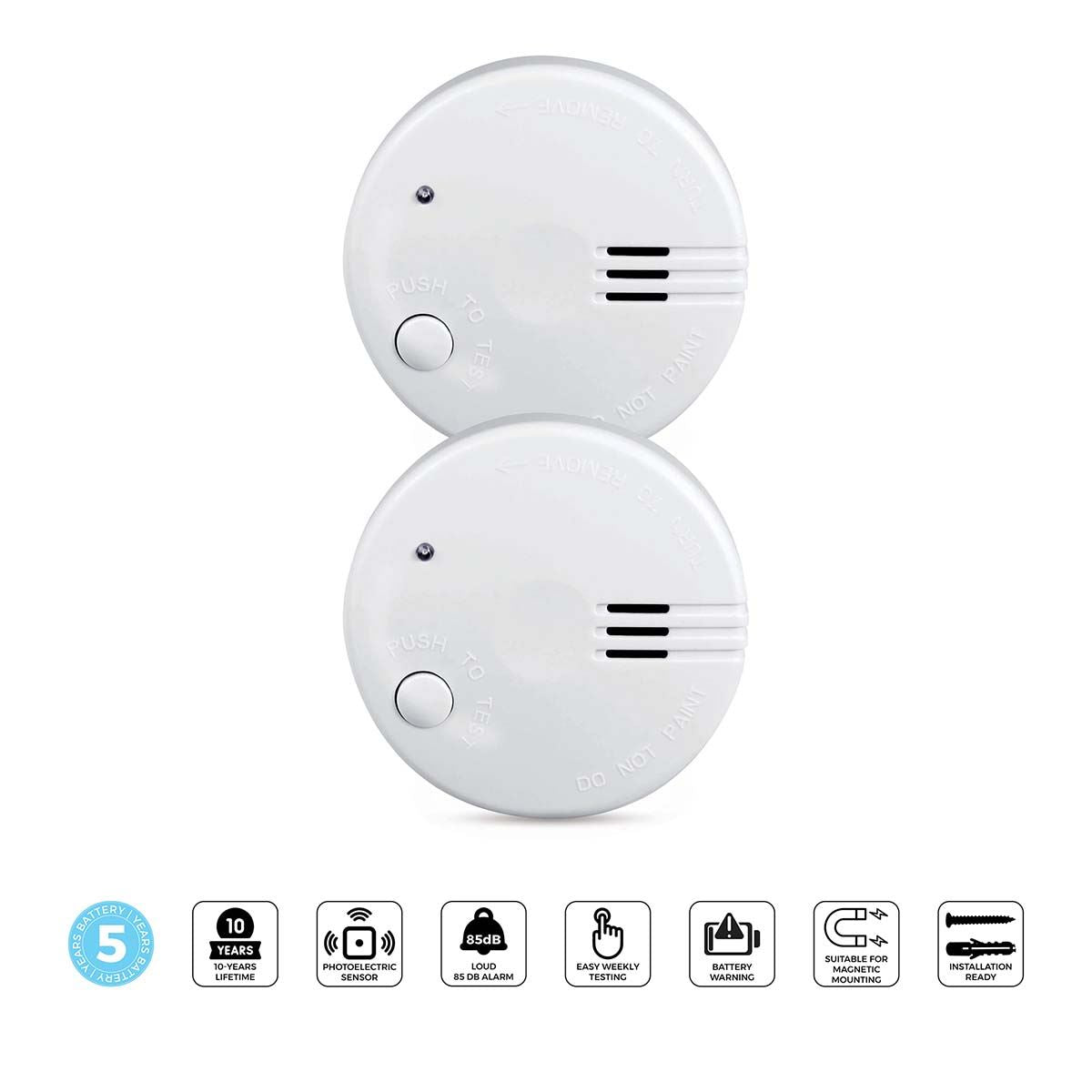 Alecto SD510 2 Pack Mini Smoke detector with Hush Button | >85 dB | 5 Year Battery Powered | EN14604:2005/AC:2008 | White