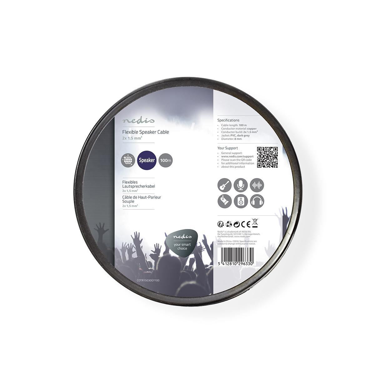 Nedis Speaker Cable | 2 x 1.50 mm² | Full Copper| 100.0 m | Round | PVC | Dark Grey | Reel