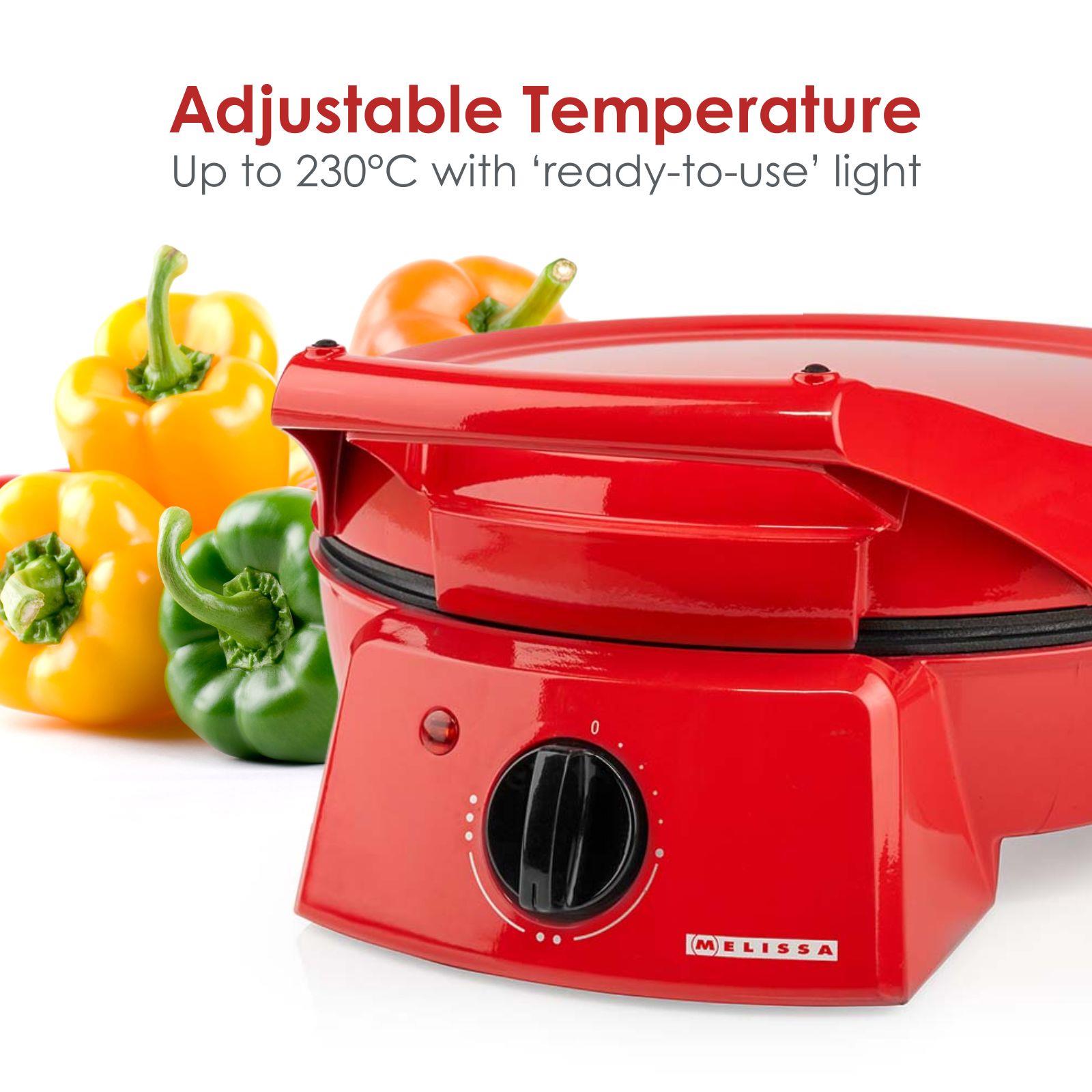 MELISSA 12" Electric Pizza Maker & Table Top Grill, Indoor Portable Pizza Oven with Non-Stick 12" Plates, 3 Heat Settings Max 230°C - Retro Red