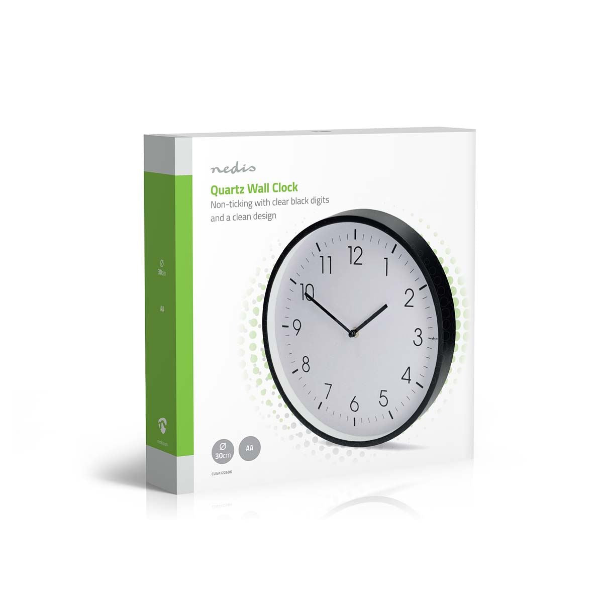 Nedis 30cm Wall Clock with Easy Read Numbers, Silent Movement, Battery Powered - Black