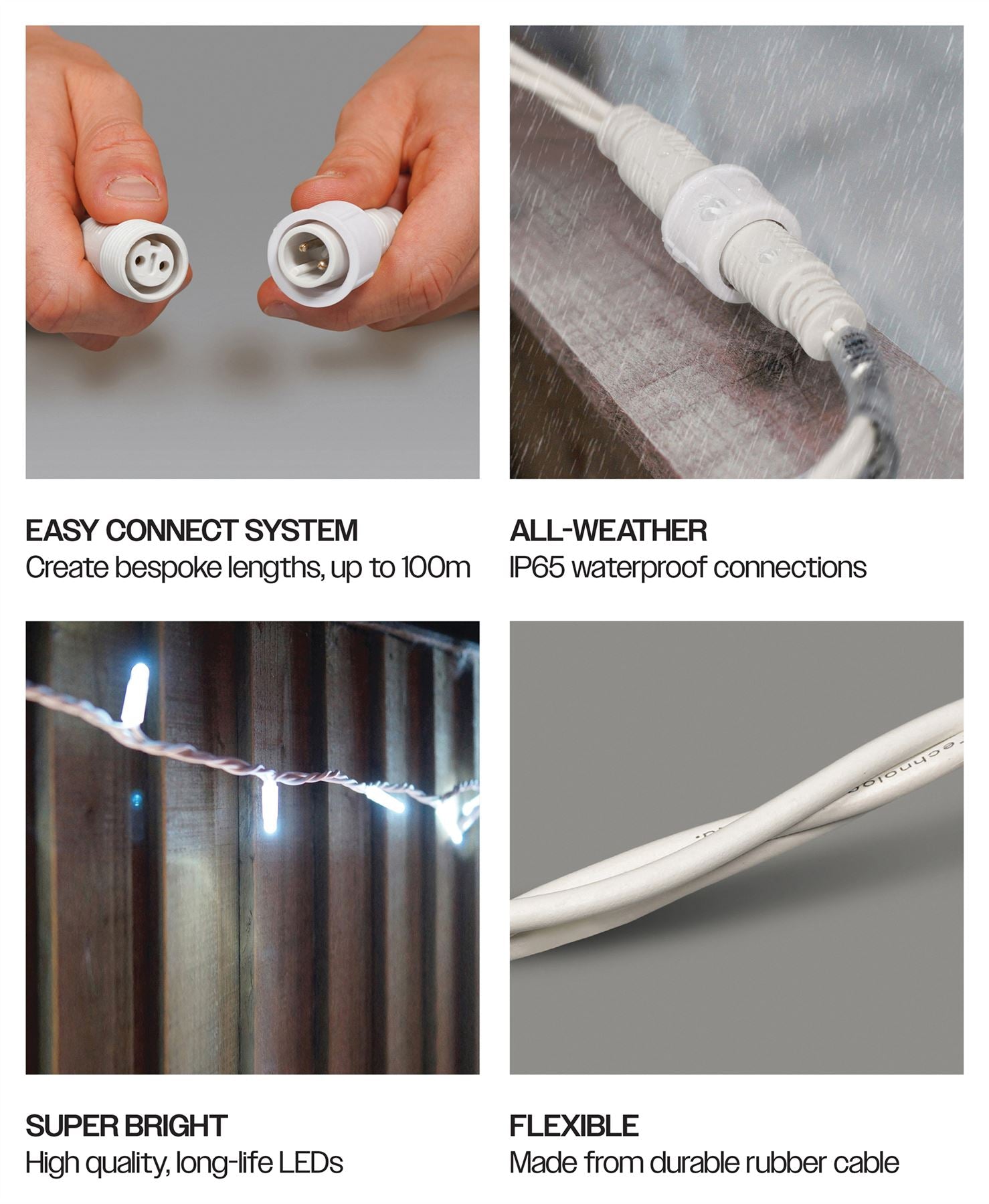 5m Easy-Connect Cool White 40 LED String Lights With Interconnectable White Rubber Cable