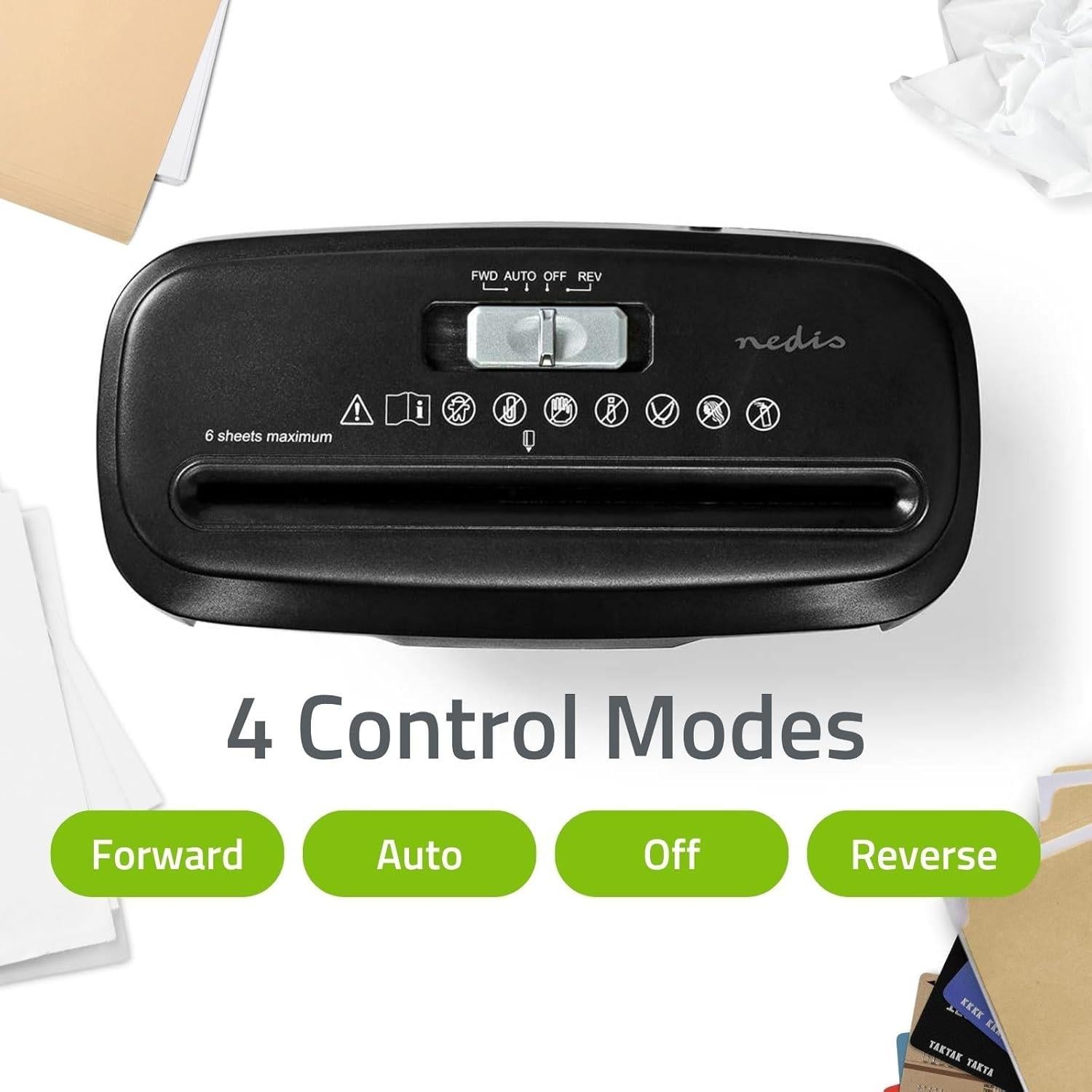 Nedis 6 Sheet Strip Cut Paper Shredder, DIN P-2 Security, Compact Shredder for Home & Small Office Use, Shreds Credit Cards, 10L Bin - Black