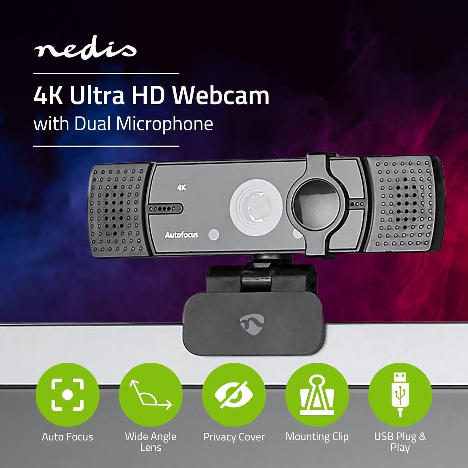 Nedis Webcam | Full HD@60fps / 4K@30fps | Auto Focus | Built-In Microphone | Black
