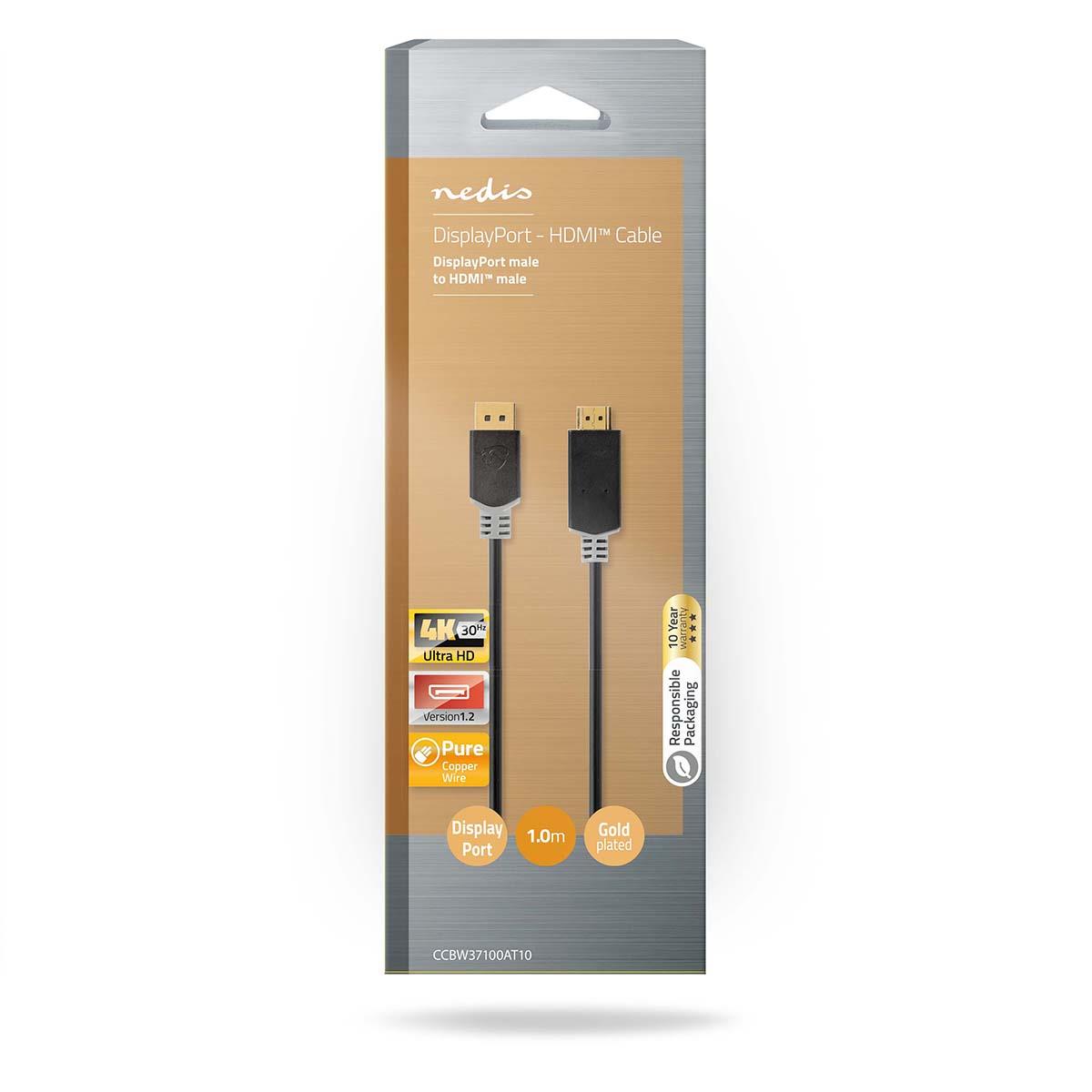 Nedis DisplayPort Cable | DisplayPort Male | HDMI™ Connector | 4K@30Hz | Gold Plated | 3.00 m | Round | PVC | Anthracite | Box