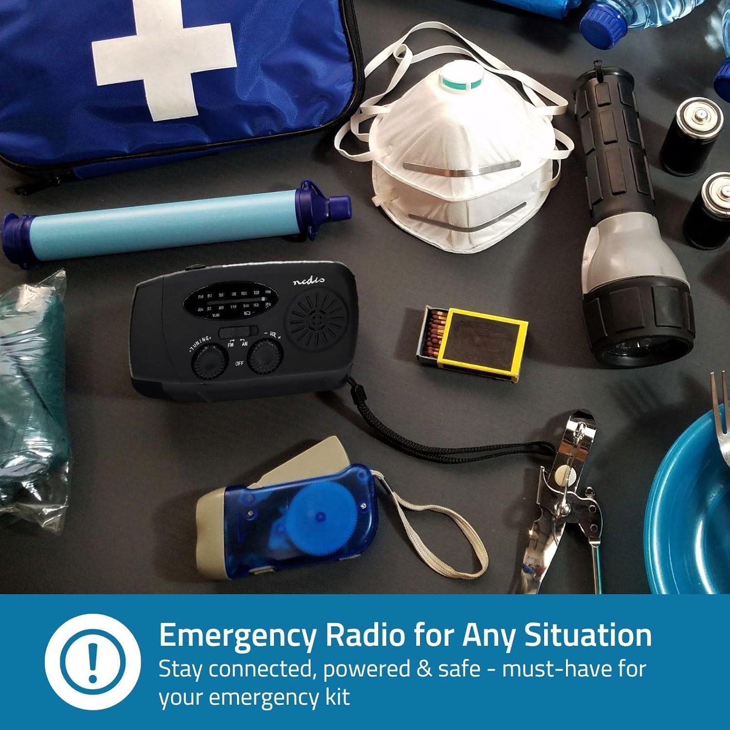 Nedis Portable Emergency AM/FM Wind Up Radio, with Solar Panel & Hand Crank, LED Torch, SOS Light and Rechargeable 2000mAh USB Powerbank - Black