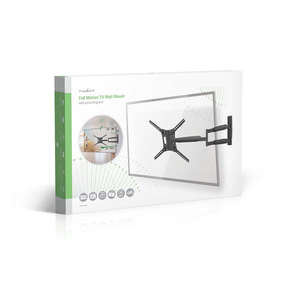 Nedis Full Motion TV Wall Mount | 13 - 86 " | Maximum supported screen weight: 60 kg | Tiltable | Rotatable | Minimum wall distance: 70 mm | Maximum wall distance: 1020 mm | 3 Pivot point(s) | ABS / Steel | Black