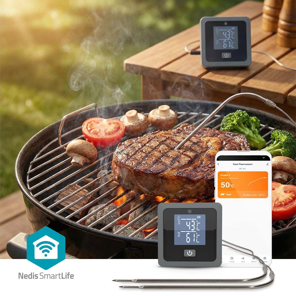 Nedis Leave-in Smart Digital Food, Meat, Baking Thermometer Temperature Probe Cooking Kitchen BBQ, with Alarm, Timer - Black