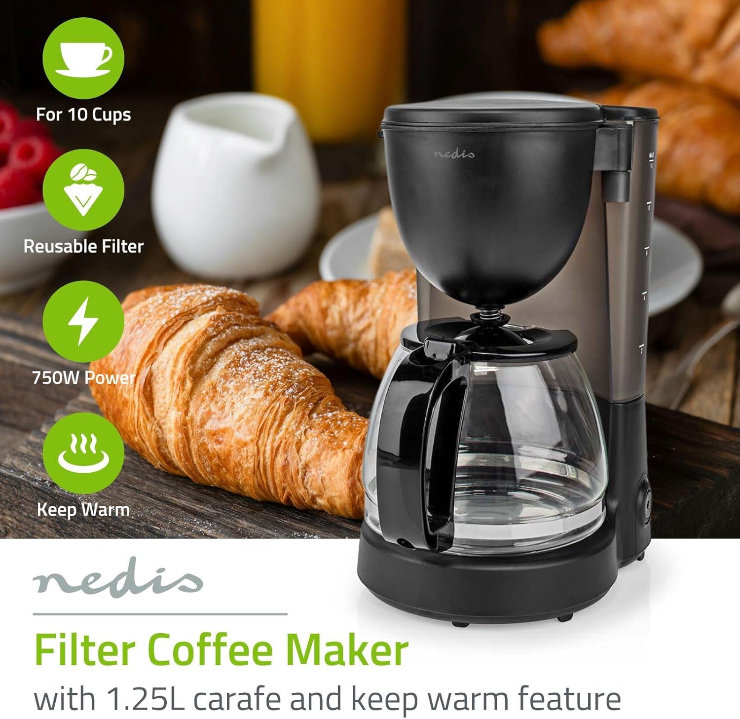 Nedis Coffee Maker 1.25L Easy to Use Keep Warm Function Nylon Reusable Filter - Black