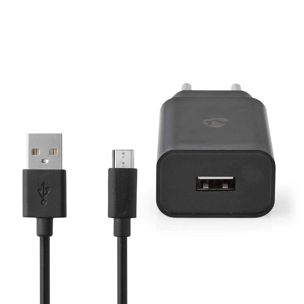 Nedis EU Euro Travel Wall Charger | 12 W | Quick charge feature | 1x 2.1 A | Number of outputs: 1 | USB-A | Micro USB (Loose) Cable | 1.00 m | Single Voltage Output | Black