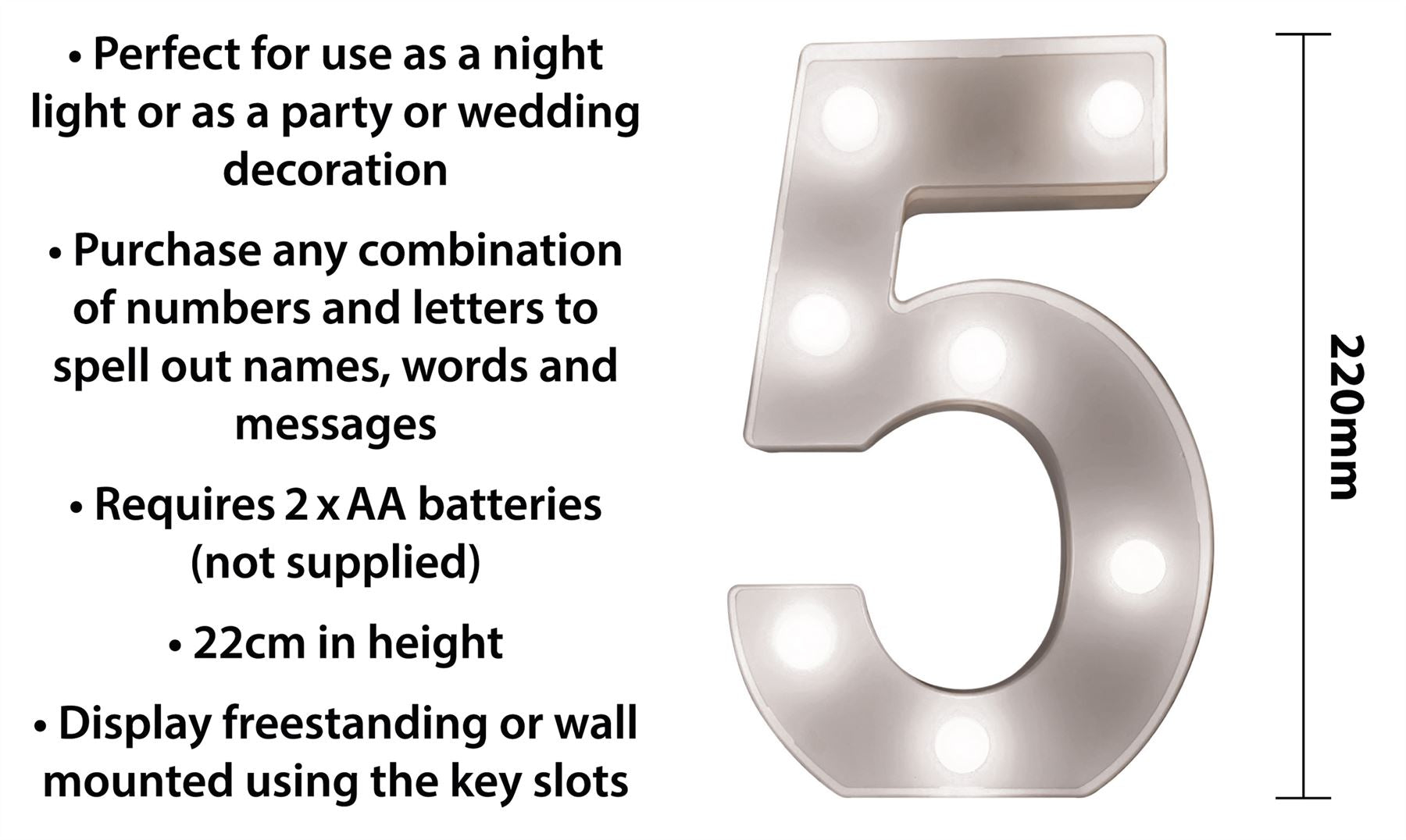 "5" Light Up 3D LED 22cm Numbers Party Birthday Wedding Battery Operated