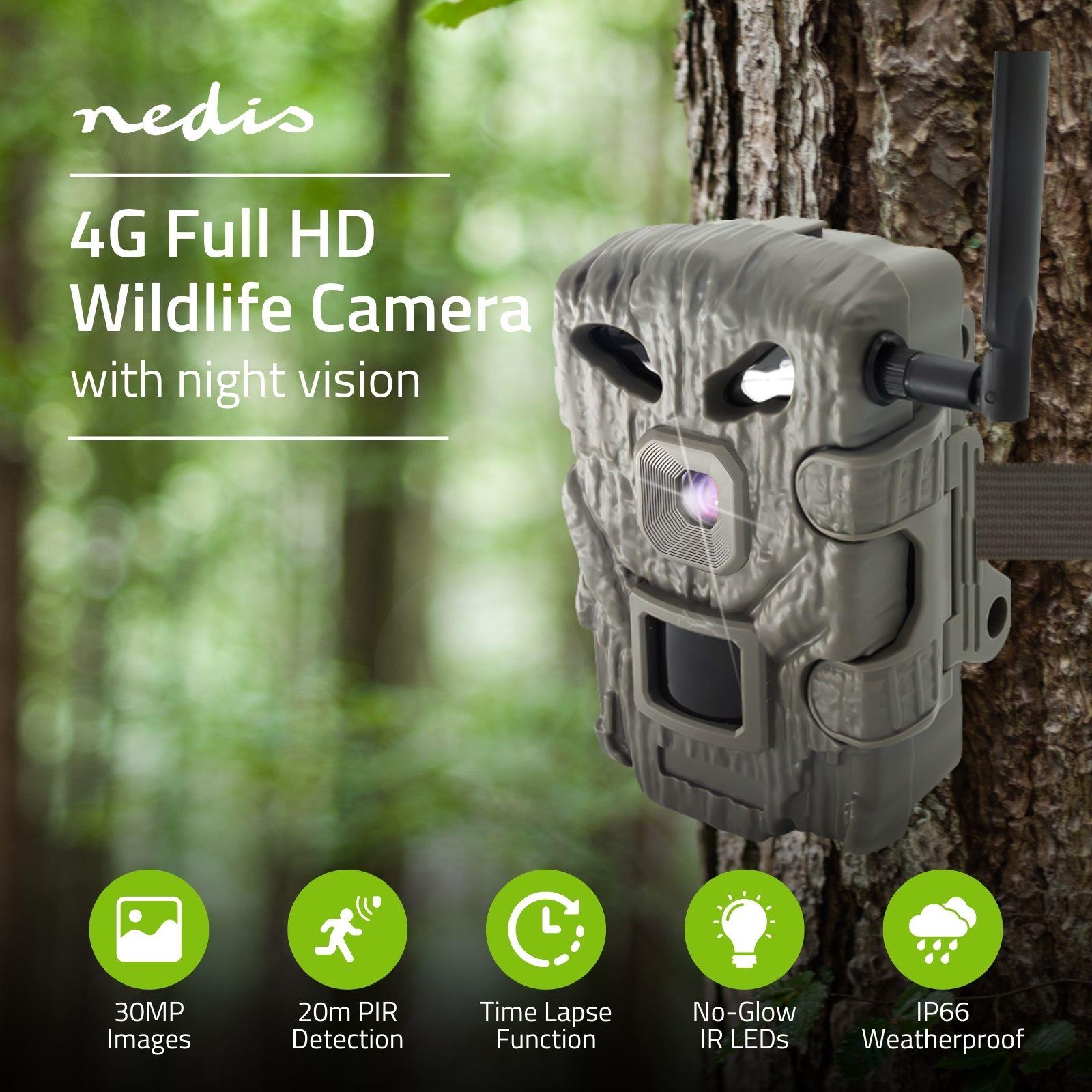 Nedis Wildlife Camera 4G LTE Sim HD Trail Camera 30MP 50 Degree with Time Lapse 20m Black LED Night Vision Motion Activated Hunting Camera IP65 Waterproof 0.3s Trigger Time for Wildlife Monitoring