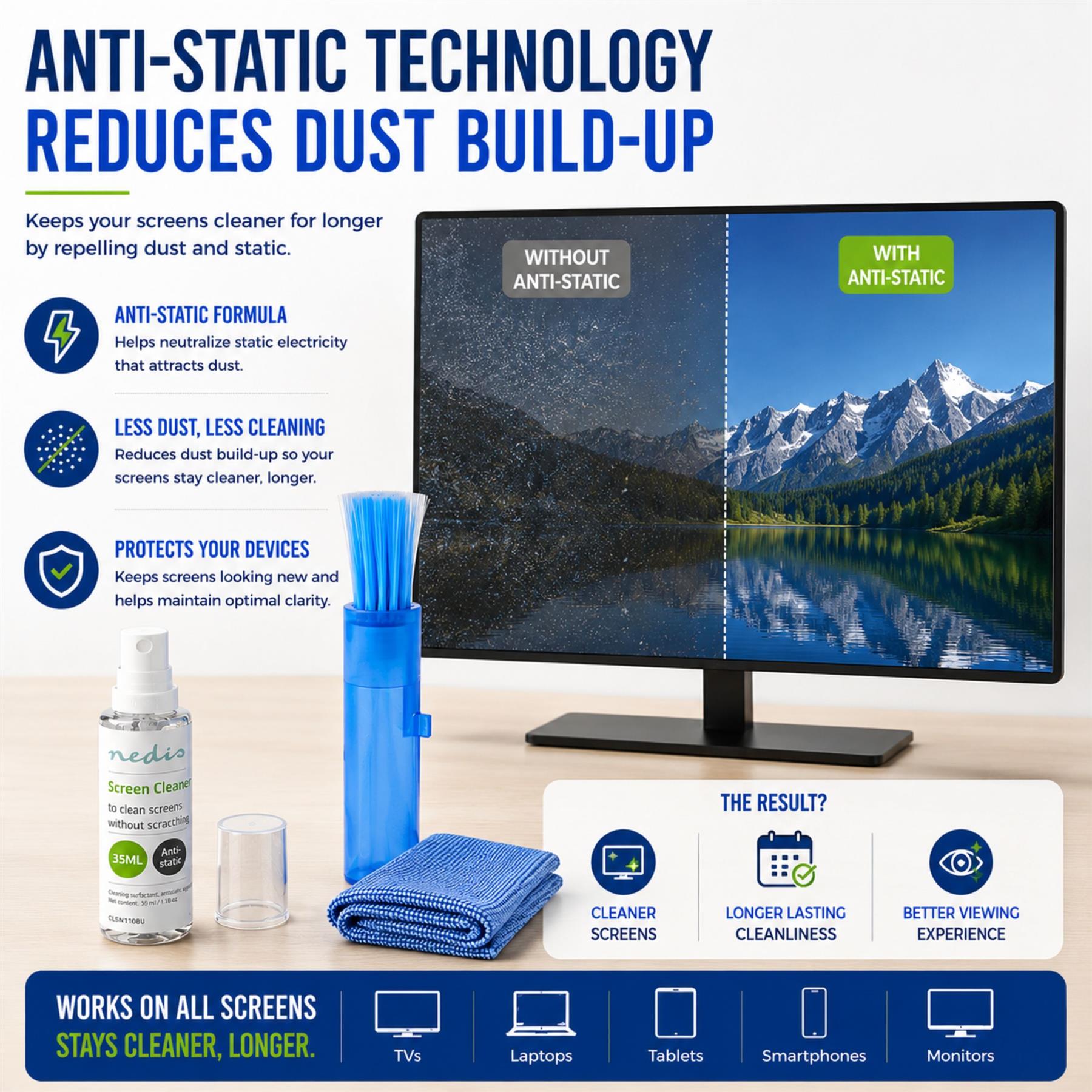 Nedis Screen Cleaner Kit for TV, PC, Smartphone & Tablet - 35ml Spray, Brush & Pearl Cloth