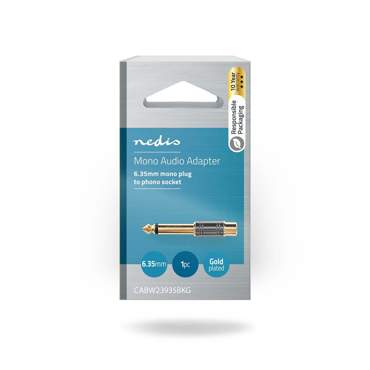 Nedis Mono Audio Adapter | 6.35 mm Male | RCA Female | Gold Plated | Straight | Metal | Metal | 1 pcs | Box