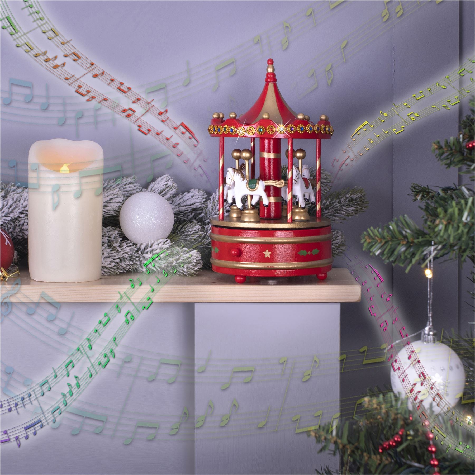 Christmas Wooden Mechanical Carousel Music Box Wind Up Ornament - Red & Gold