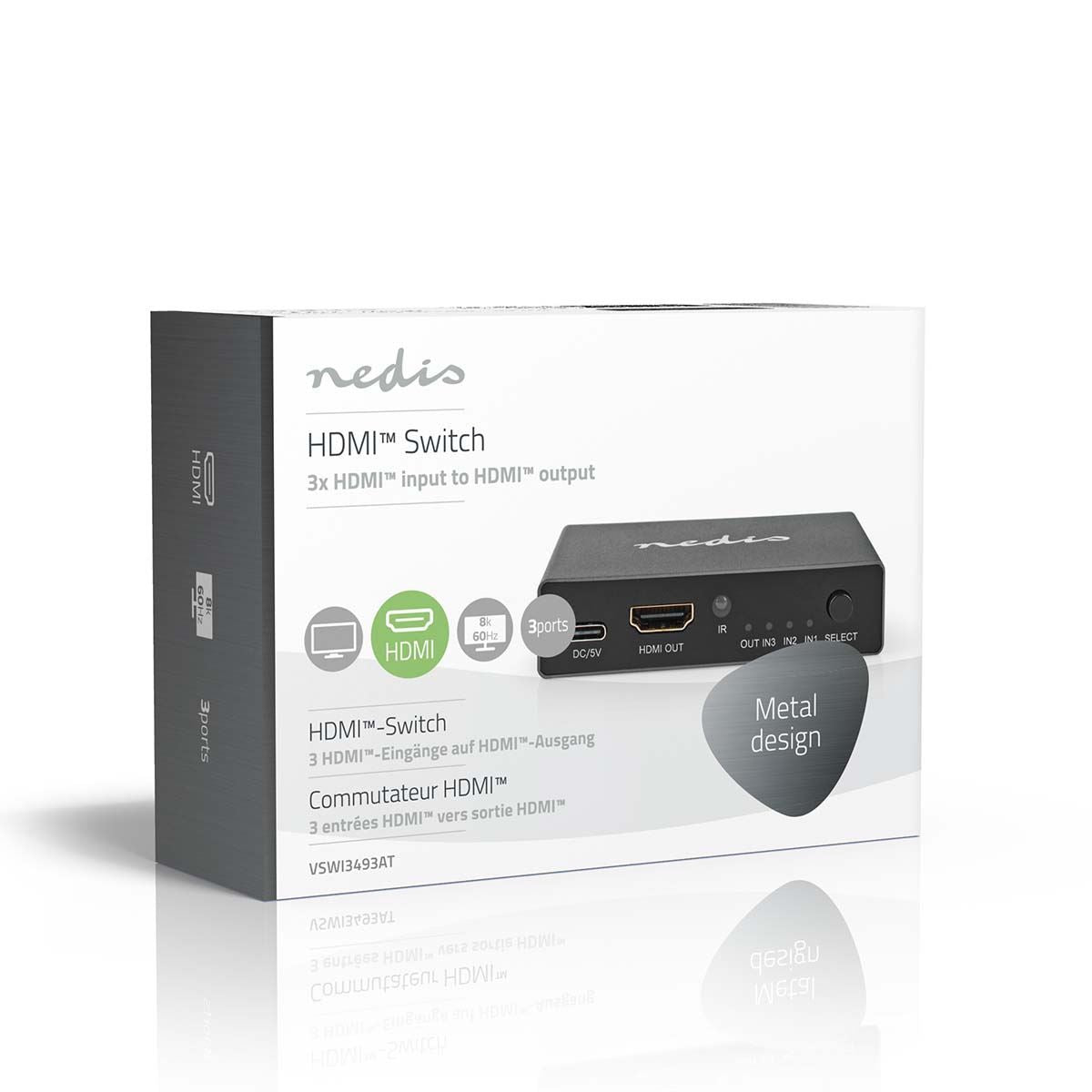 Nedis HDMI™ Switch | 3 port(s) | 3x HDMI™ Input | HDMI™ Output | 8K@60Hz | 45 Gbps | Remote controlled | Aluminium | Anthracite