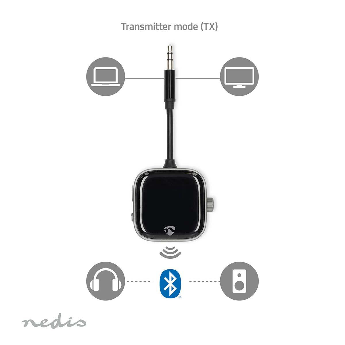Nedis Bluetooth® Transmitter Receiver | Audio / video / data connections input: USB-C™ Female | Audio / video / data connections output: USB-C™ Female | SBC | Up to 2 Devices | Maximum battery play time: 13 hrs | Black