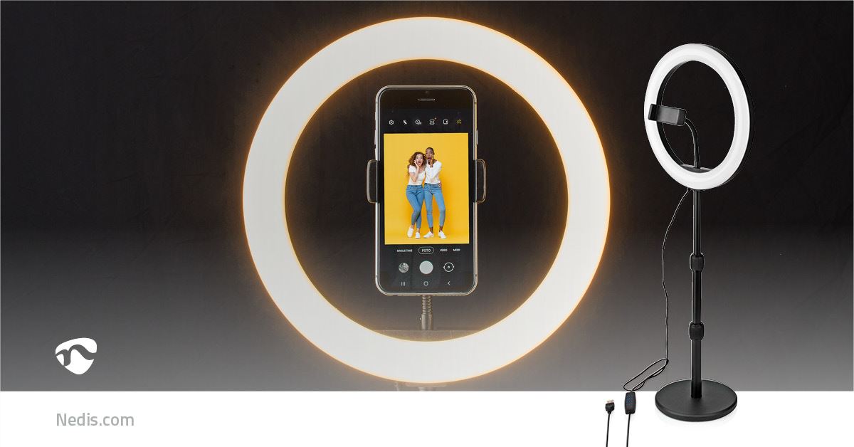 Nedis Ring Light, 10" LED Ring Lamp with 120 LEDs on Aluminium Table Stand, USB Powered, with Flexible Phone Holder, 10 Light Modes