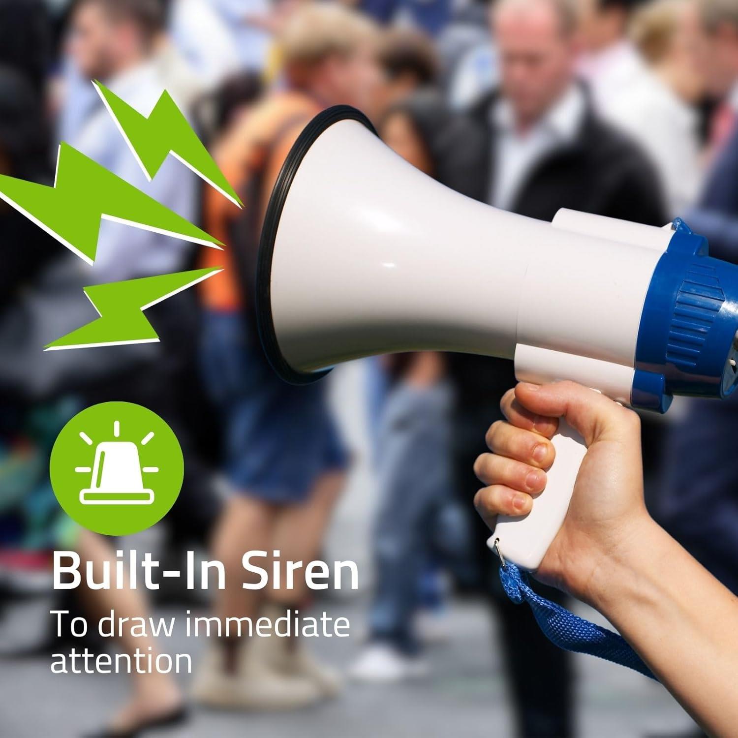 Nedis 10W Megaphone, 250m Range with Built-in Microphone, Siren, Adjustable Volume, Record Function - White & Blue