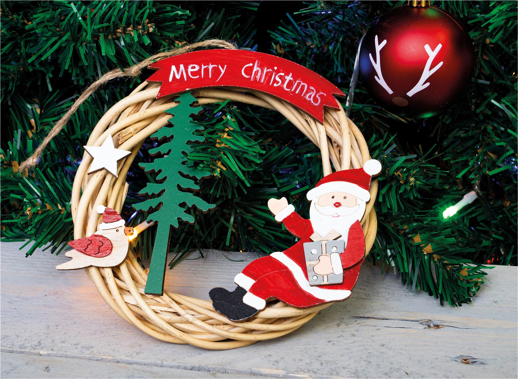 Festive Wicker Christmas Wreath with Santa Claus Design and LED String Light Battery Powered