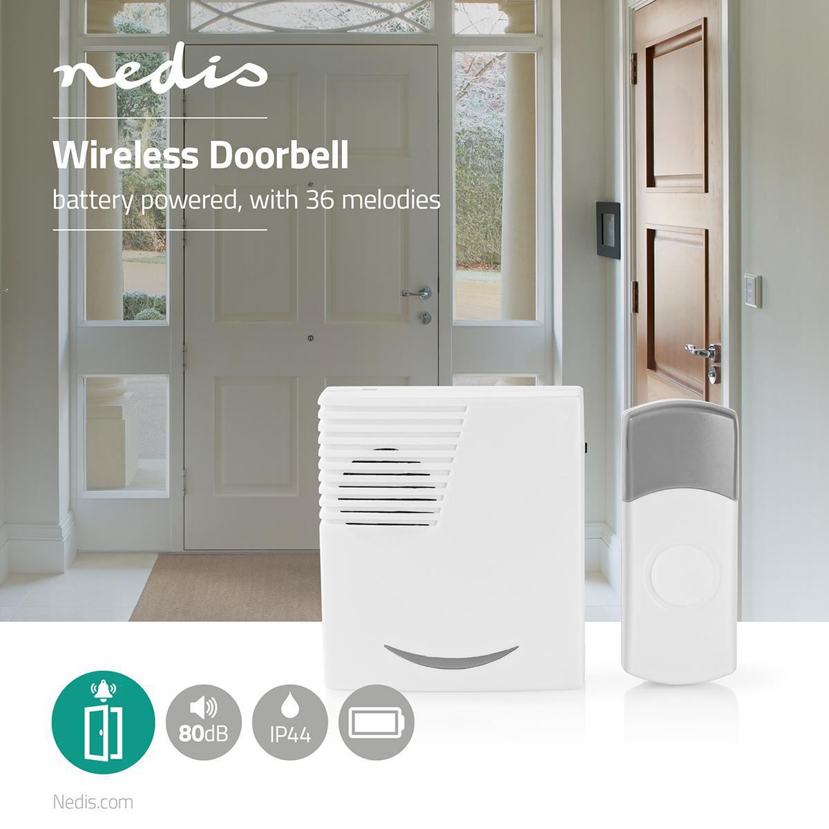 Nedis Wireless Doorbell, Battery Powered Cordless Door Chime Kit with 100m Range, 36 Chimes, LED and 80dB Volume - White