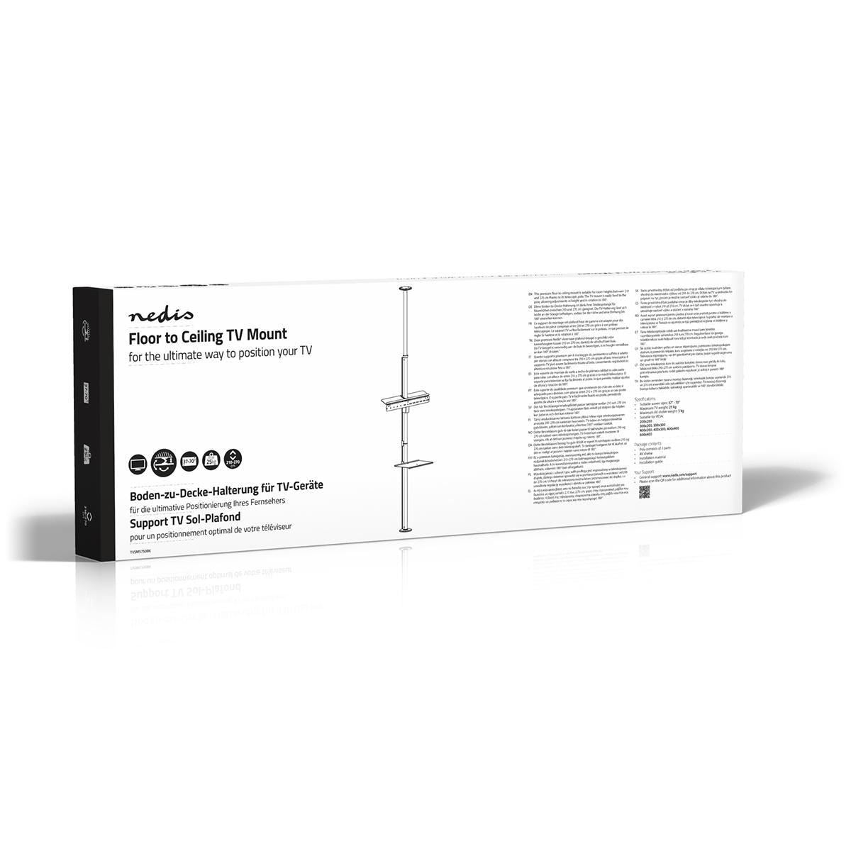 Nedis Floor-to-Ceiling TV Stand, Adjustable Height, Suitable for 37"-70" Screens, Max. 30kg Weight, 360� Swivel, VESA Compatible - Black/Silver