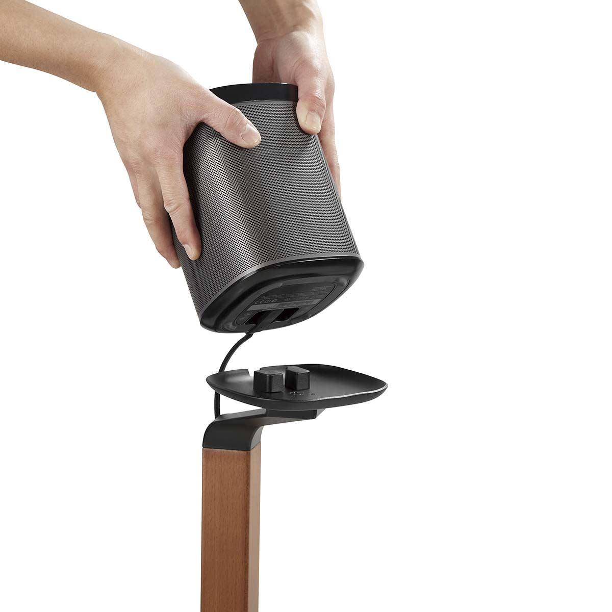 Nedis Speaker Mount Scandinavian Design, Floor Stand Compatible with Sonos One, One SL, Play:1, Sculpted Hardwood Column, Weighted Base for Stability, Powder-Coated Finish, Cable Management - Black