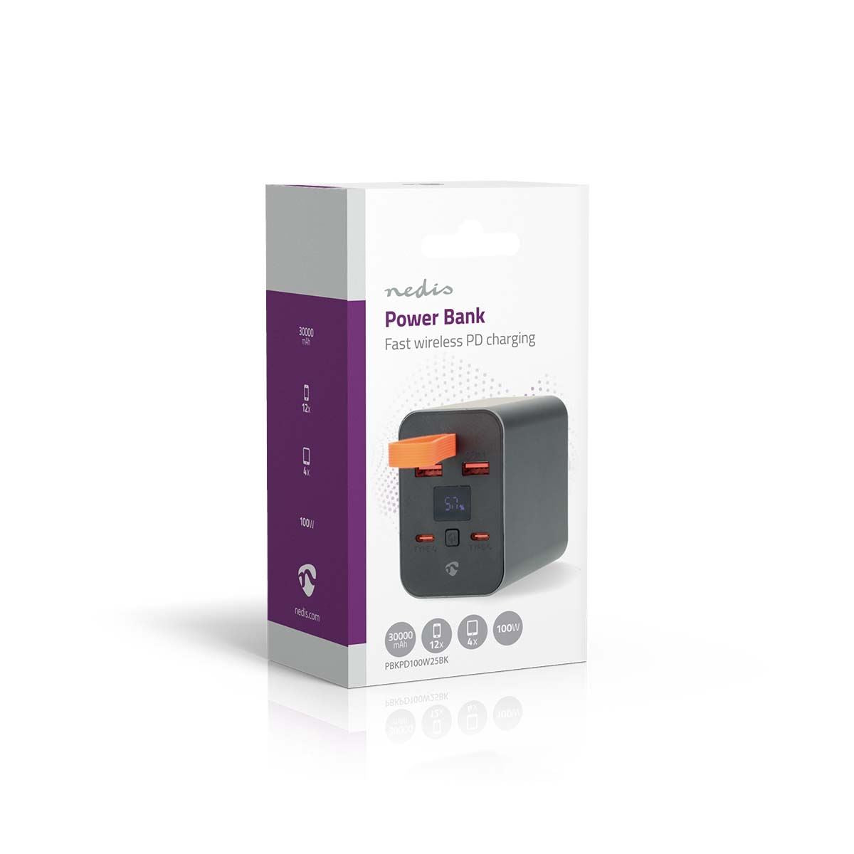 Nedis Powerbank | 30000 mAh | 1.5 / 2.0 / 3.0 / 5.0 A | Number of outputs: 4 | Output connection: 2x USB-A / 2x USB-C™ | Input connection: 1x USB-C™ | PD3.0 100W / QC3.0 | Lithium-Polymer | Display